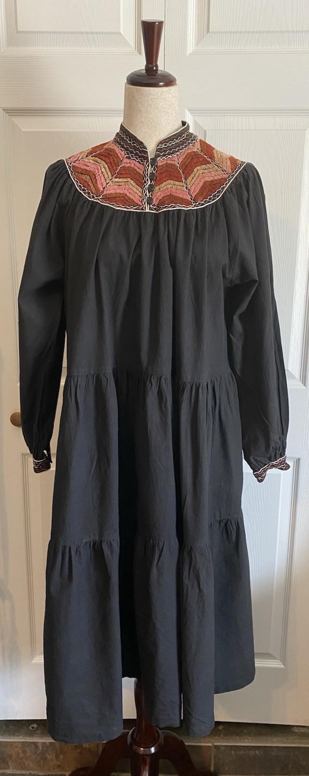 Vintage 1970s Walia’s Women’s Cotton Black Embroidered Indian Tiered Dress