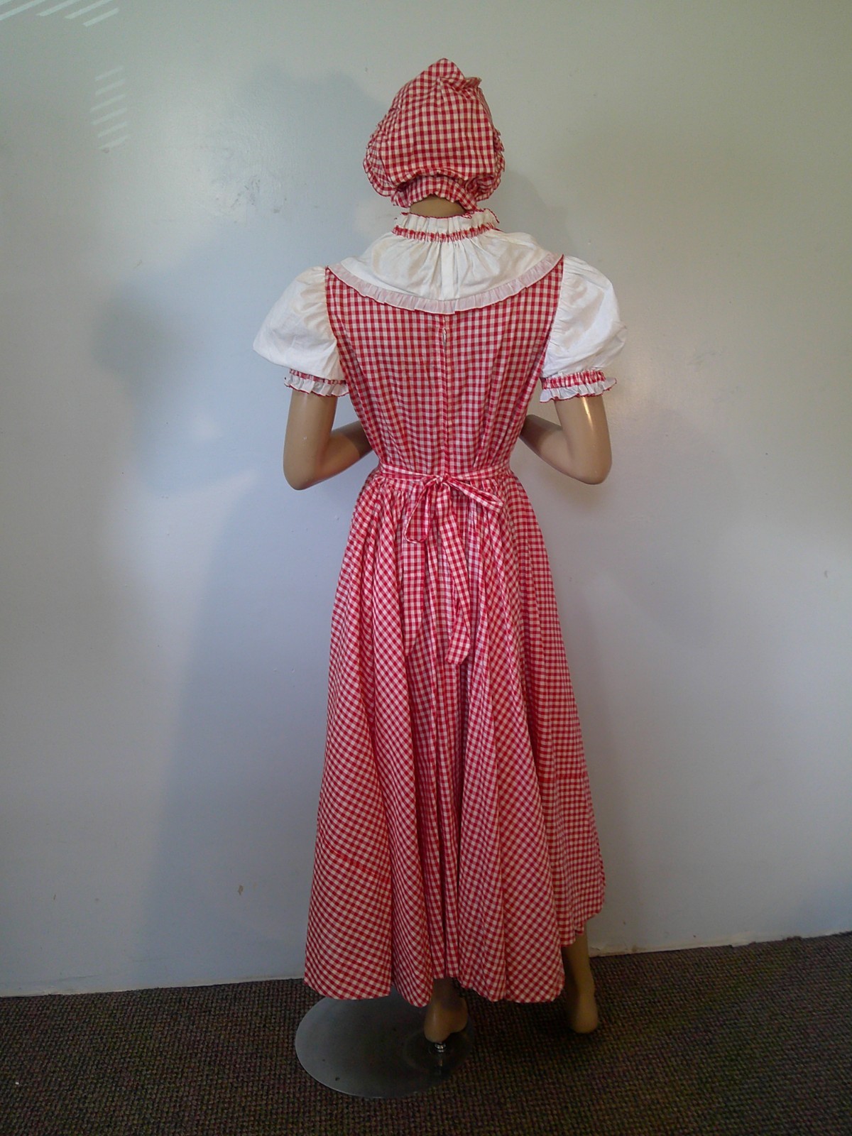 Vtg 70s Red/White Gingham Prairie Cottagecore 160″ Full Sweep Maxi Dress & Hat M