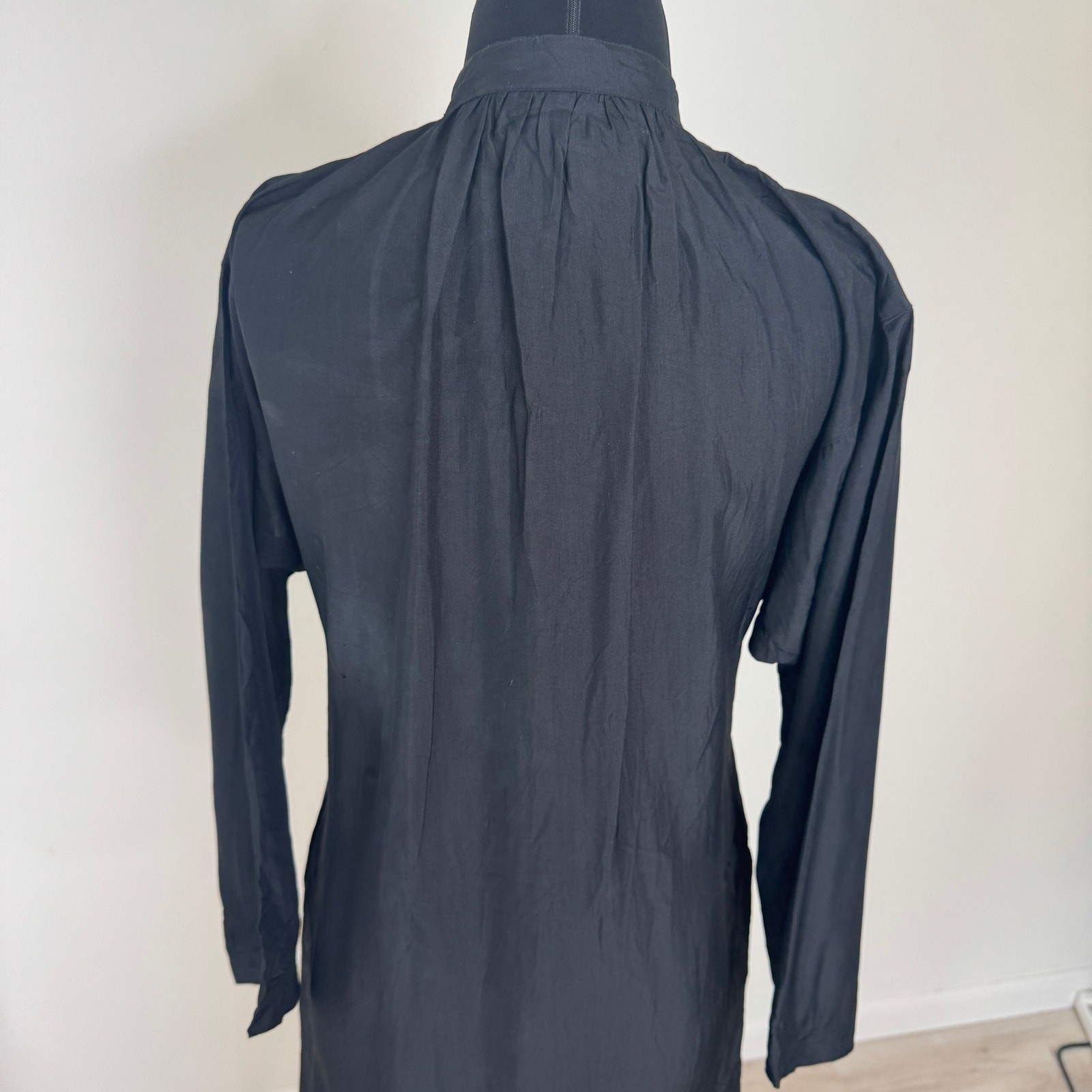 Vtg 80s Cathy Hardwick Black Silk Batwing Dress Dolman Sleeve Minimalist Pockets