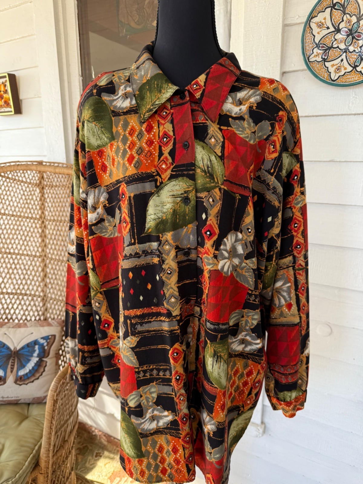 Vintage 80s Abstract Floral Oversized Rayon Long Button Blouse Size M/38