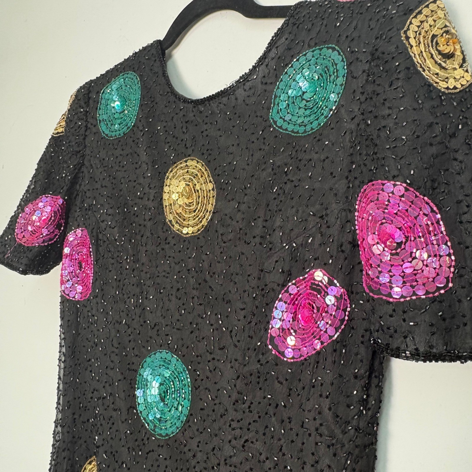 Vintage Silk Beaded Sequin Polka Dot Dress Black Multicolor Short Sleeve Size 8