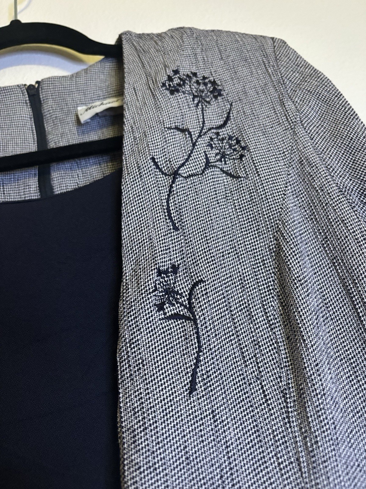 Michael Blake 14 petite vintage dress jacket set navy floral embroidered USA