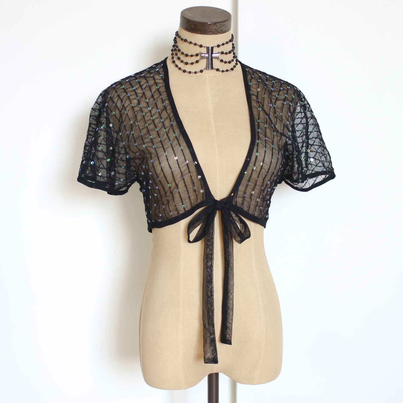 vintage y2k rampage black sequin mesh cropped shrug bolero top fairy small s