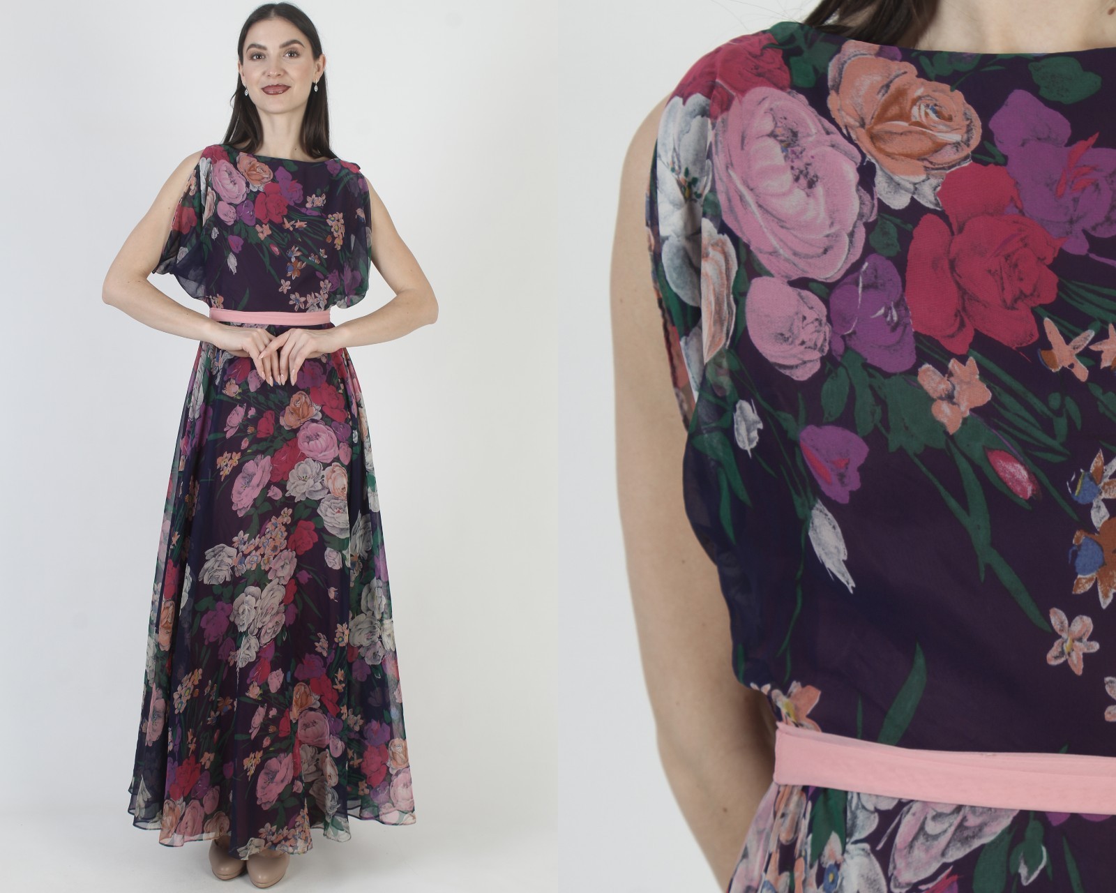 Vtg Miss Elliette Chiffon Dress Purple Floral Cocktail Party Summer Sundress