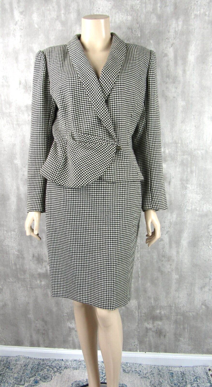 Vintage 80s Ungaro Parallele Italy Black White Check Wool 2pc Skirt Suit Size 8