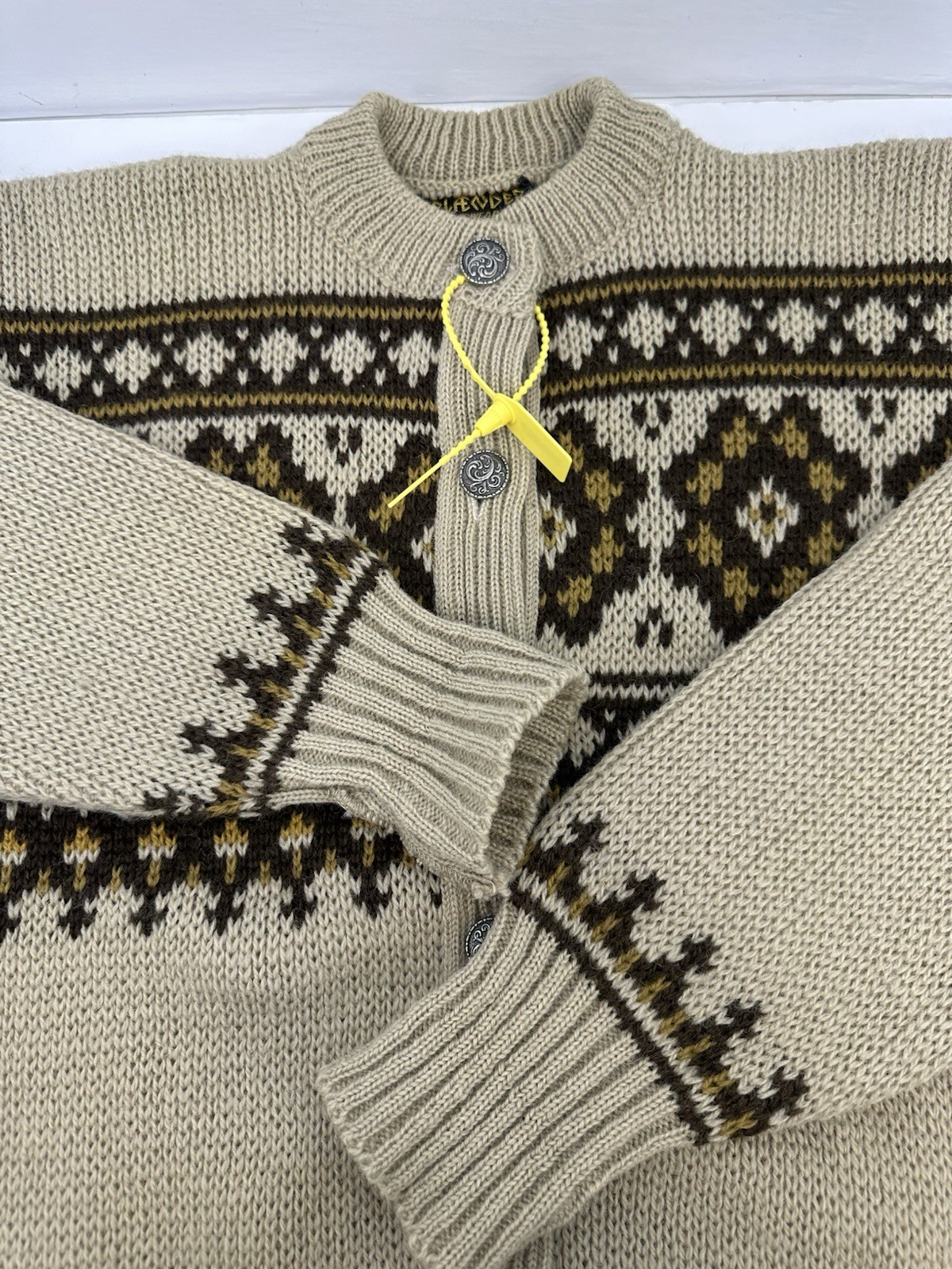 VTG Norlaender Women’s 100% Wool Nordic Fair Isle Button Cardigan Sweater L READ