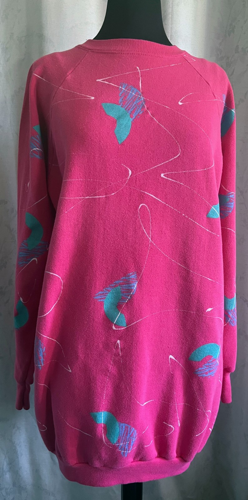 VTG Free Size 80s Bright Pink Sweater Dress Retro Teal Print