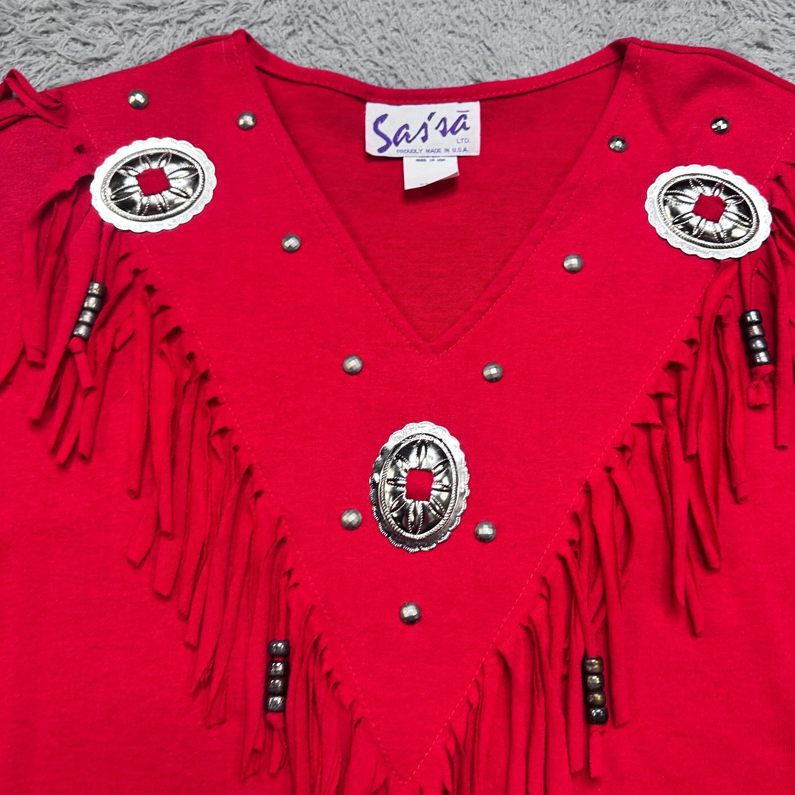 Vintage 90s Western Fringe Shirt Large Red Beads Tassel Cowgirl Rodeo USA Made