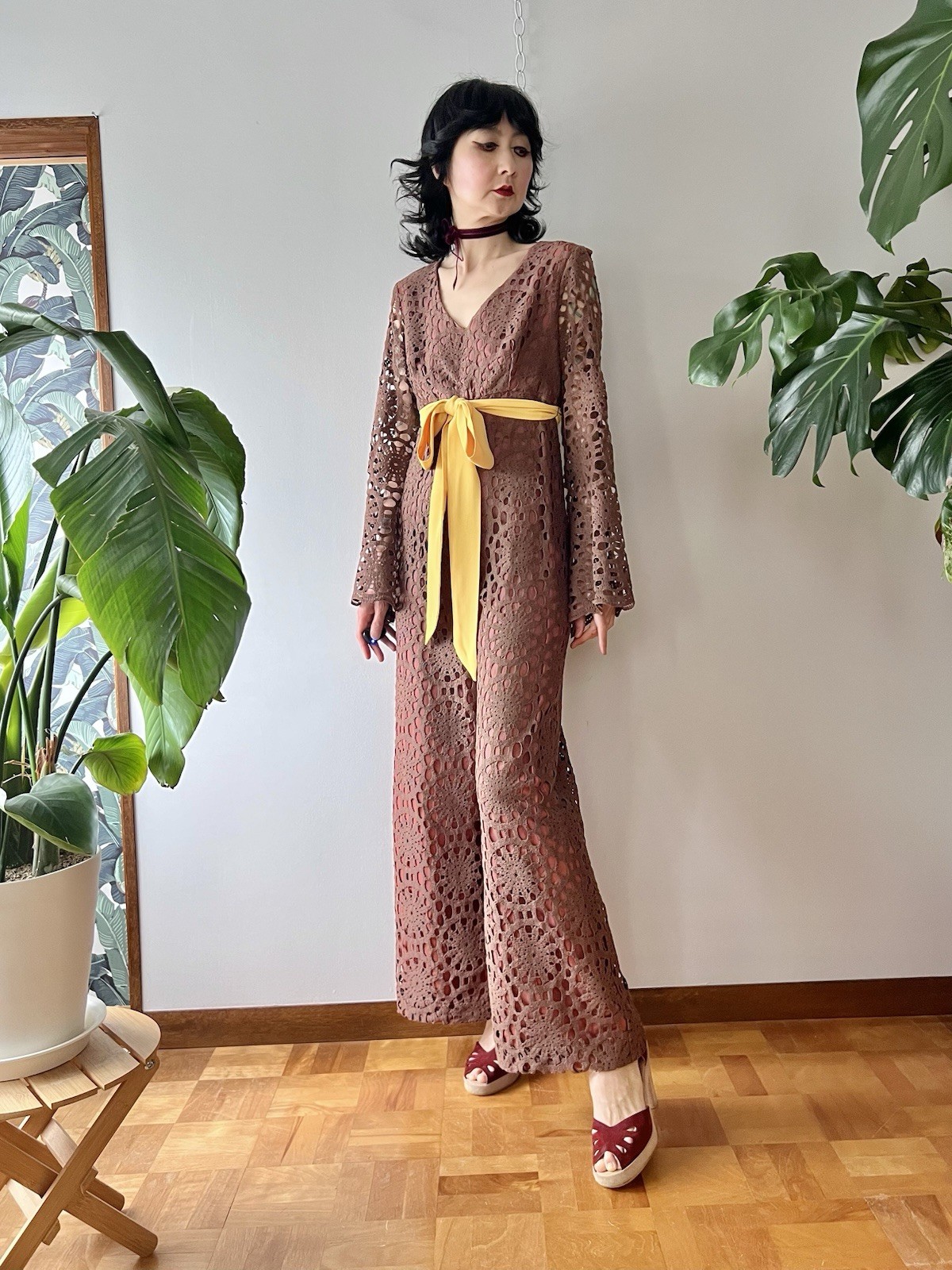 60s 70s Joy Stevens California Crochet Lace Bell Sleeve Flared Wide Leg Jumpsuit