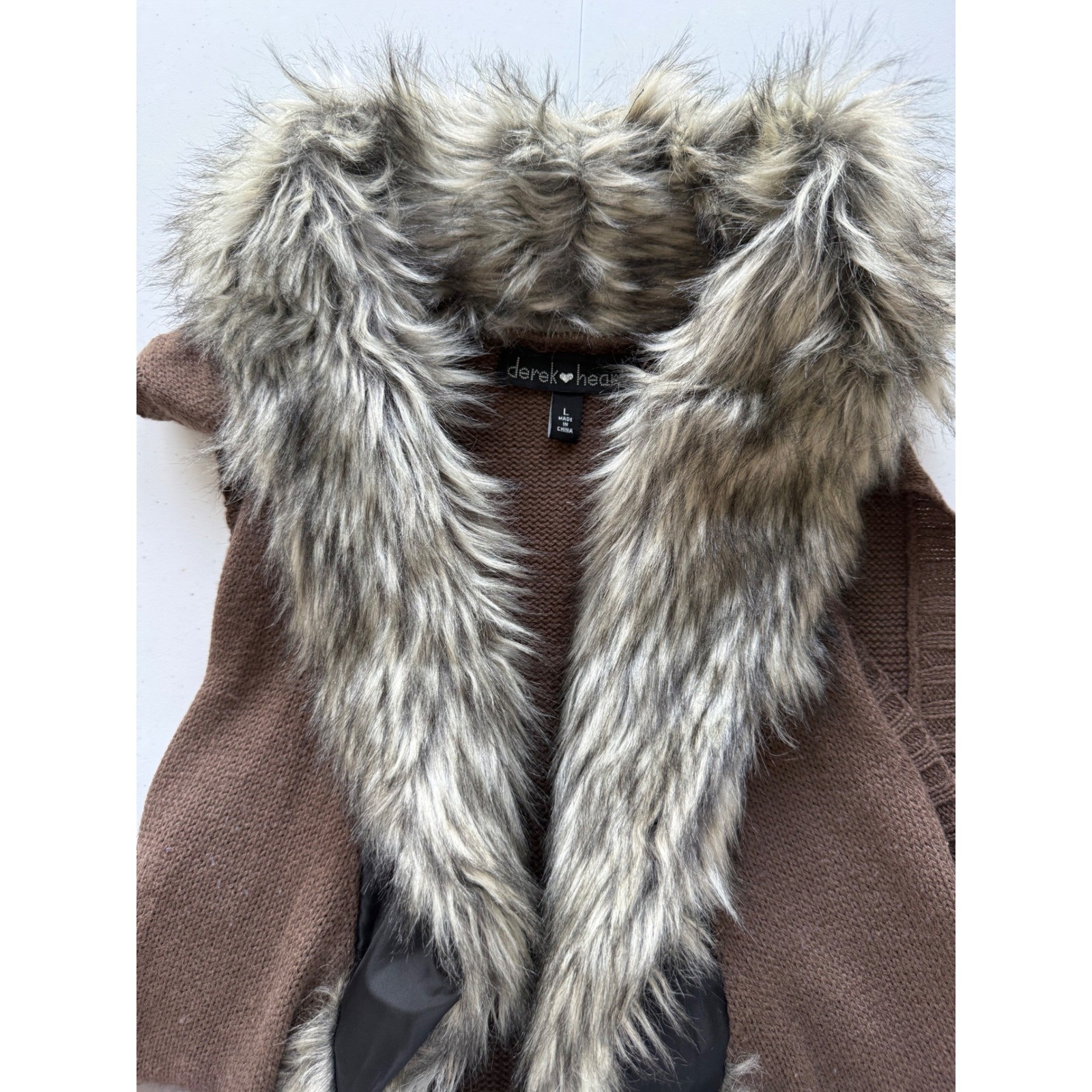 Sweater Vest Duster Faux Fur Trim Large Brown Open Front Western Boho Lagenlook