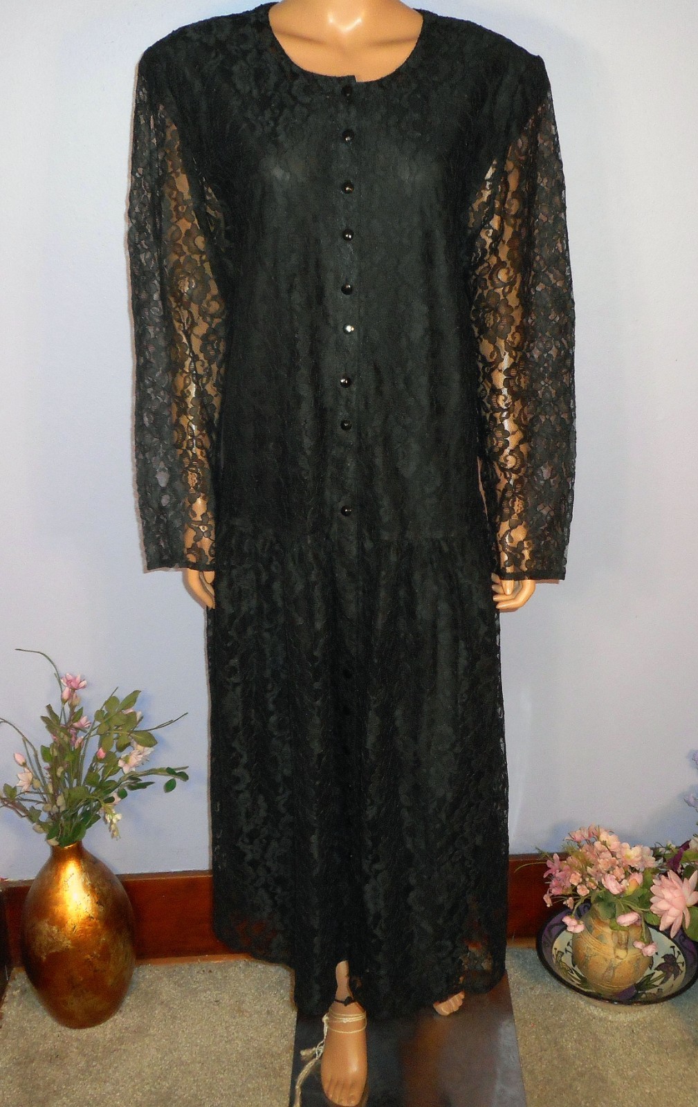 Vtg ‘80s Witchy Lacy Kathyrn Deene Dress w Drop Waist & Shoulder Pads, 22