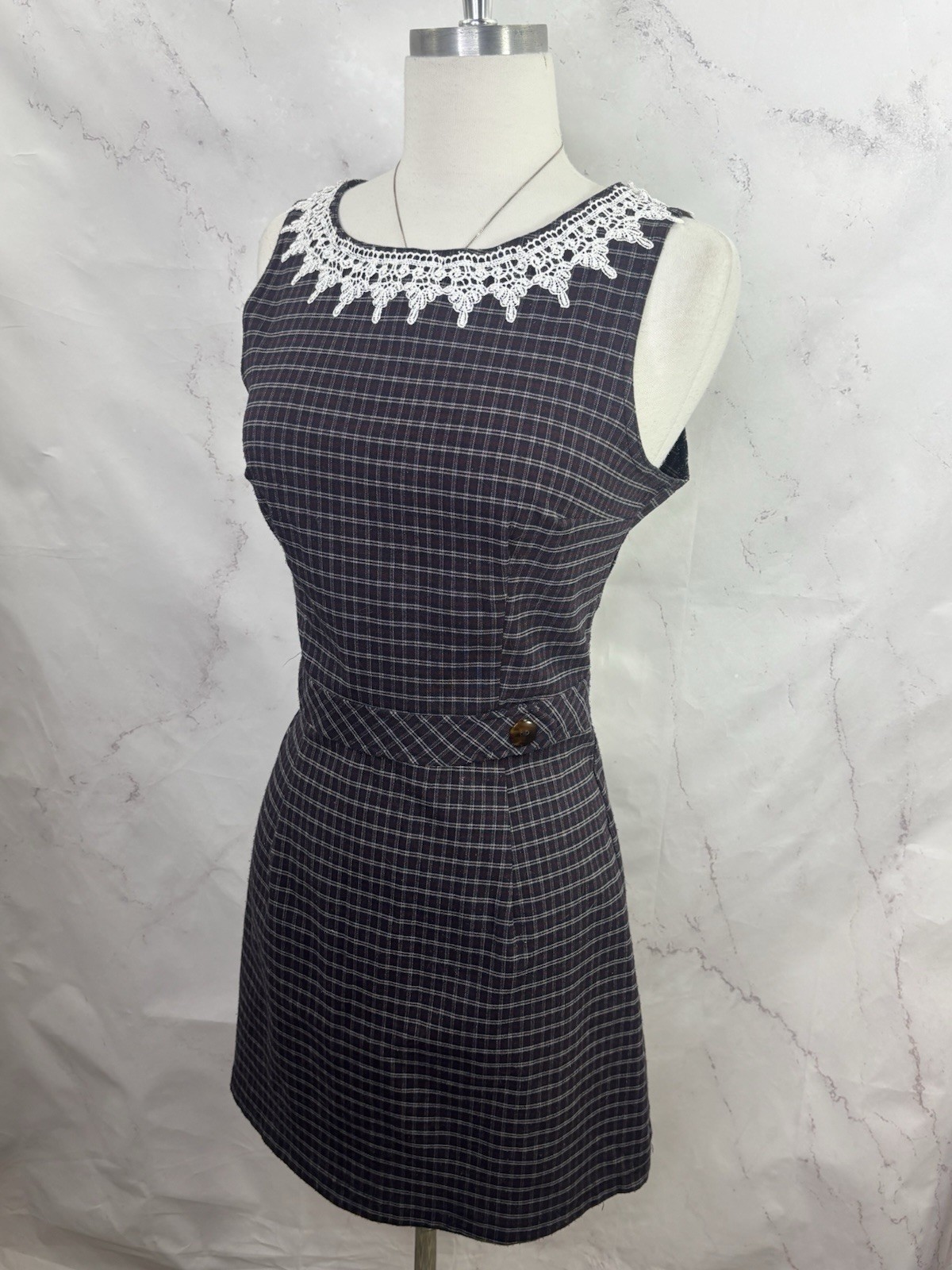 Vintage 90s Checkered Sleeveless Mini Dress Preppy a-line Dark Academia Grunge M