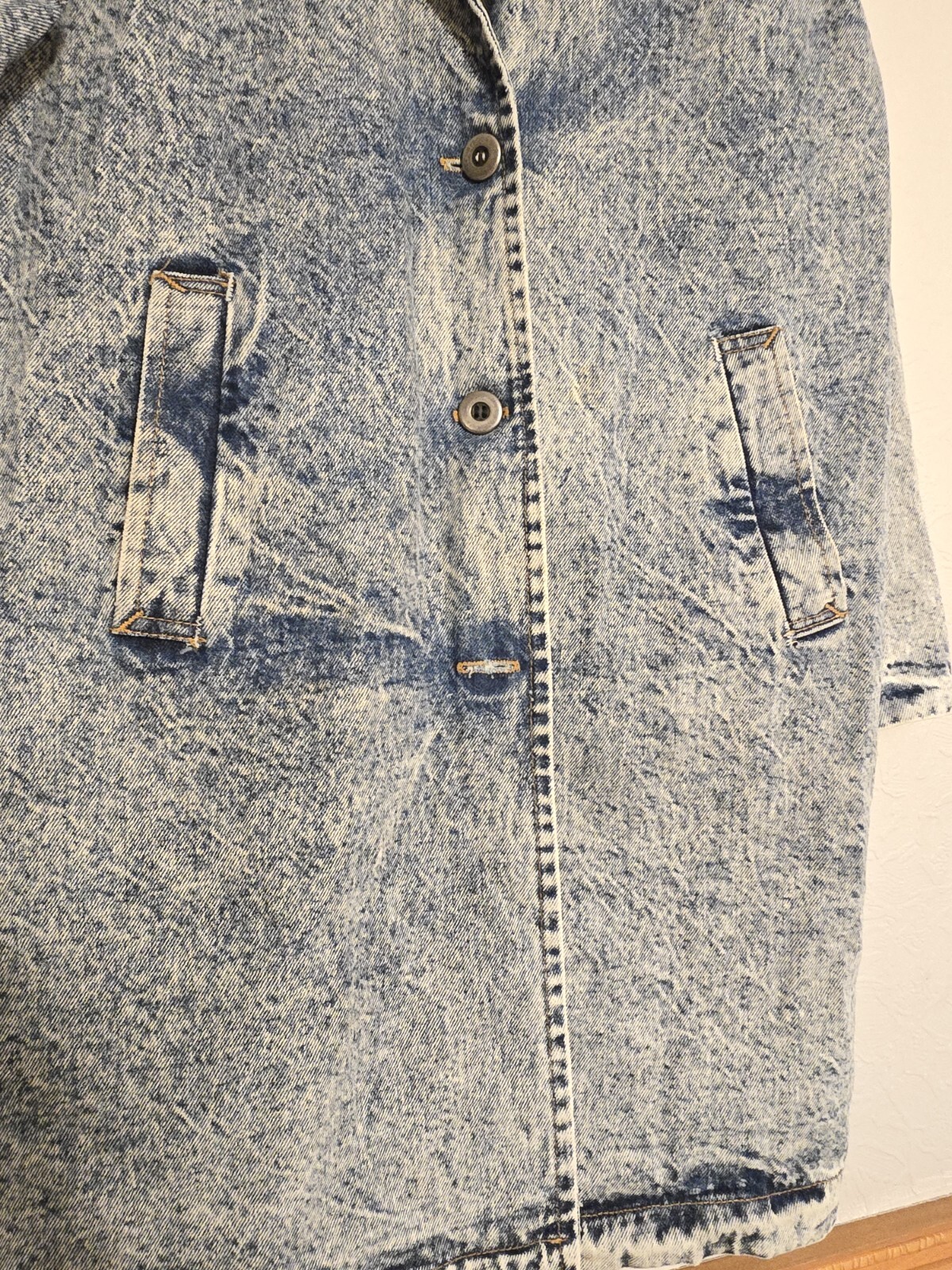 80s Limited Express EXP Acid Wash Denim Coat Vtg Retro Trench Jacket (READ)