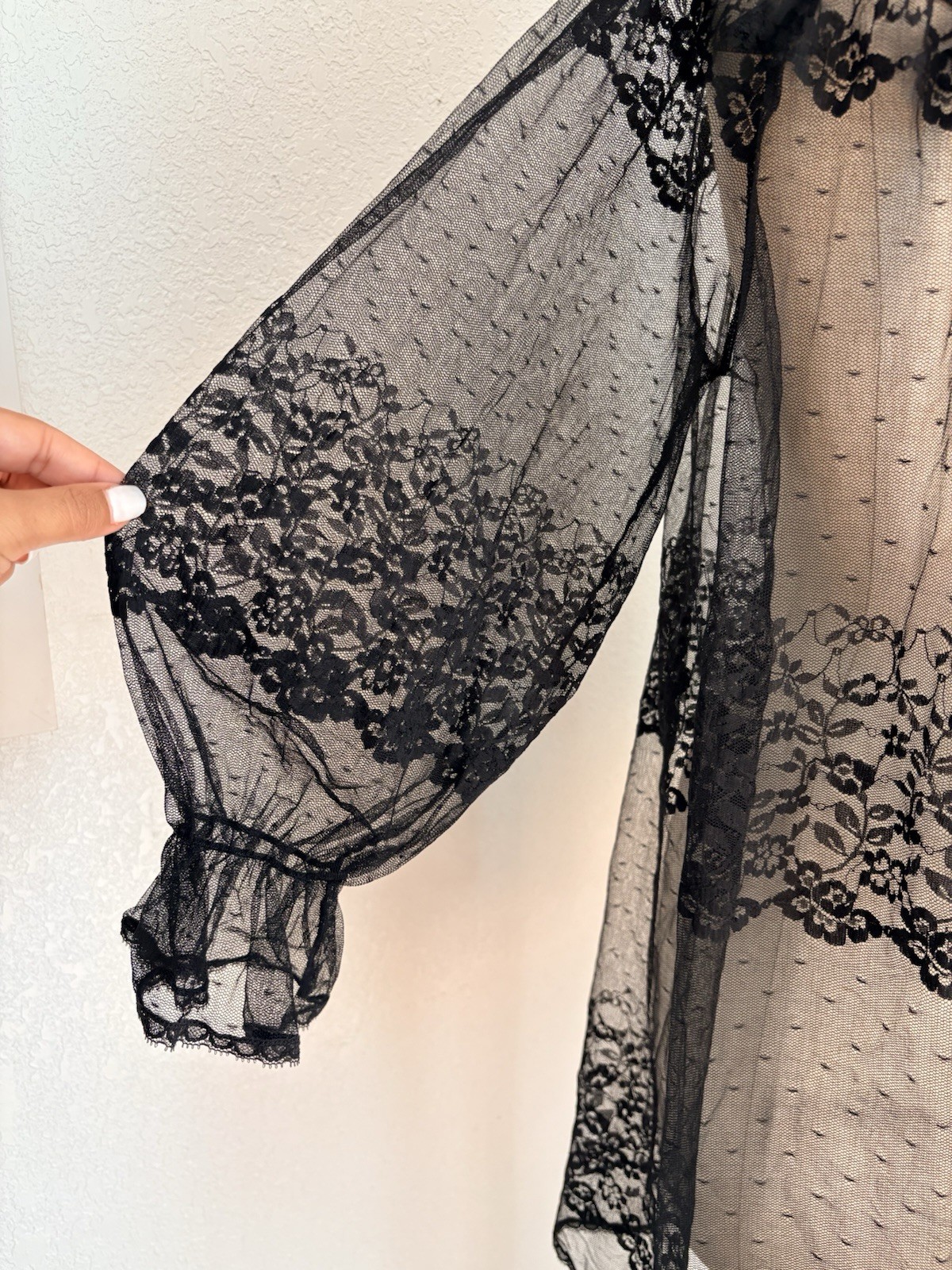 VTG 50s 60s Black Unbranded Peignoir Robe SML Sheer Nylon Lace Chiffon Front Tie