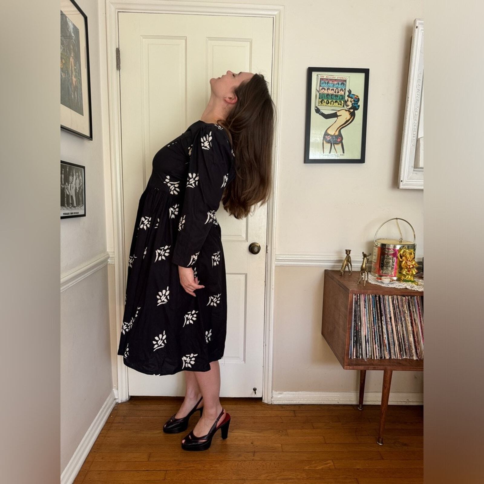 80s Does 50s Vintage Long Sleeve Black Cotton Fit and Flare Dress