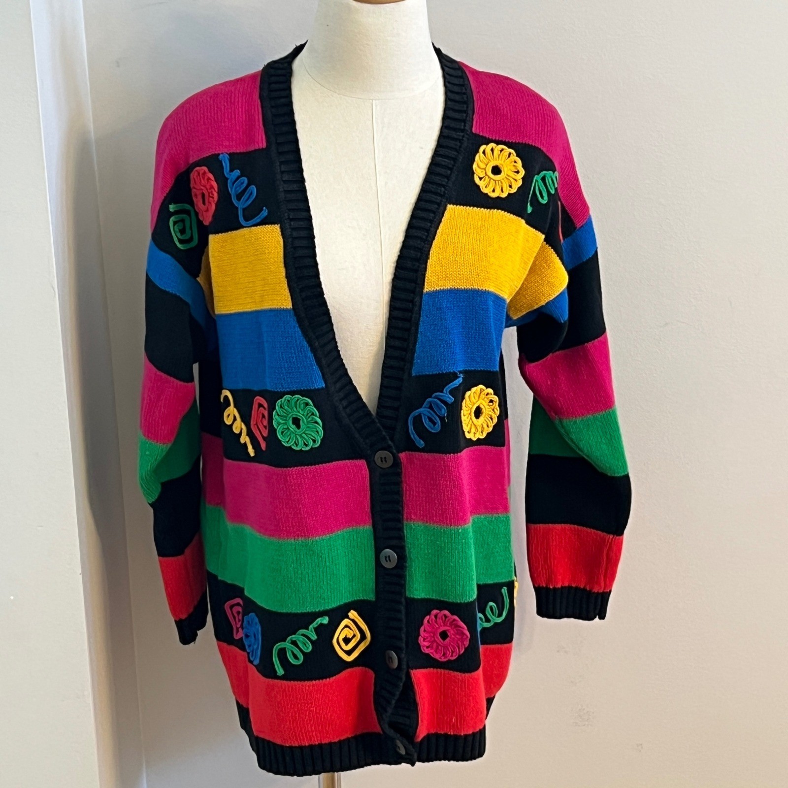 Chaus Sport Vintage Multi-Color Striped Embroidered Cardigan Sweater Womens M