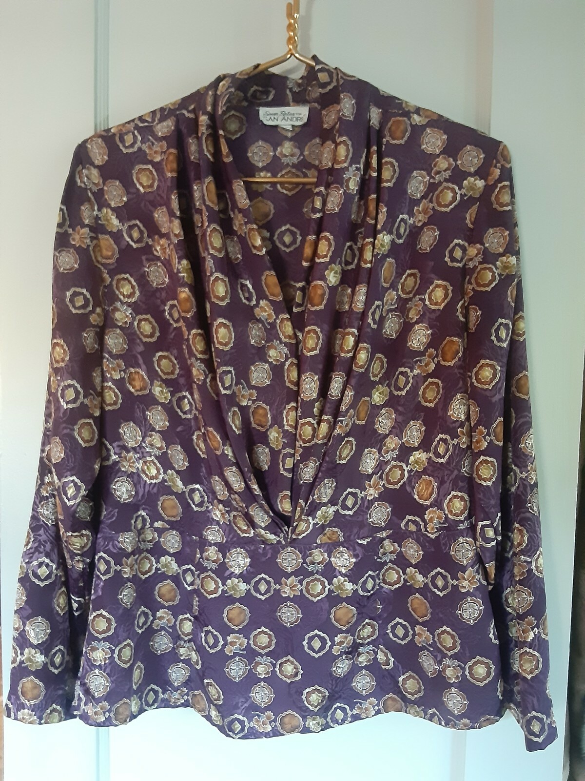 Vintage Purple Silky Blouse Cowl Medallion Motif Pullover Size 10