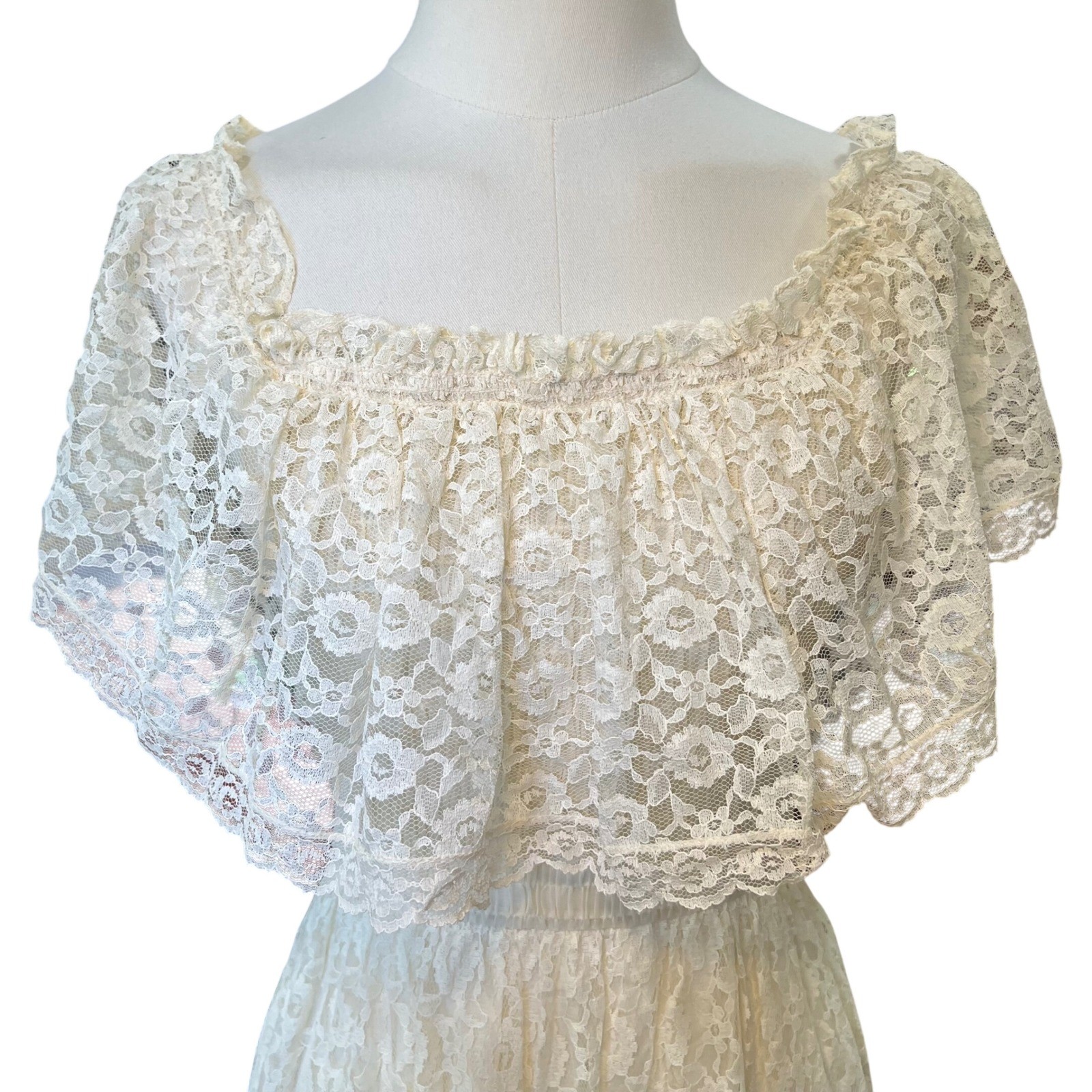Vintage 70s Candi Jones Ivory Lace Maxi Dress Smocked Prairie Boho Wedding Small