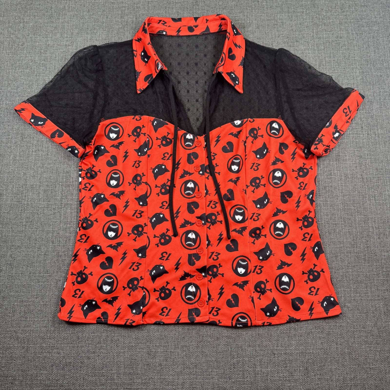 Emily the Strange x Unique Vintage Women’s Red Black Skull Bat Mesh Top XL 14