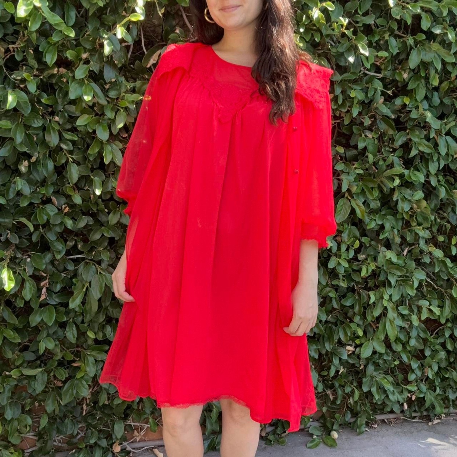 Vintage 1960s Red Chiffon Peignor Set with Nightgown by Sears Roebuck and Co.