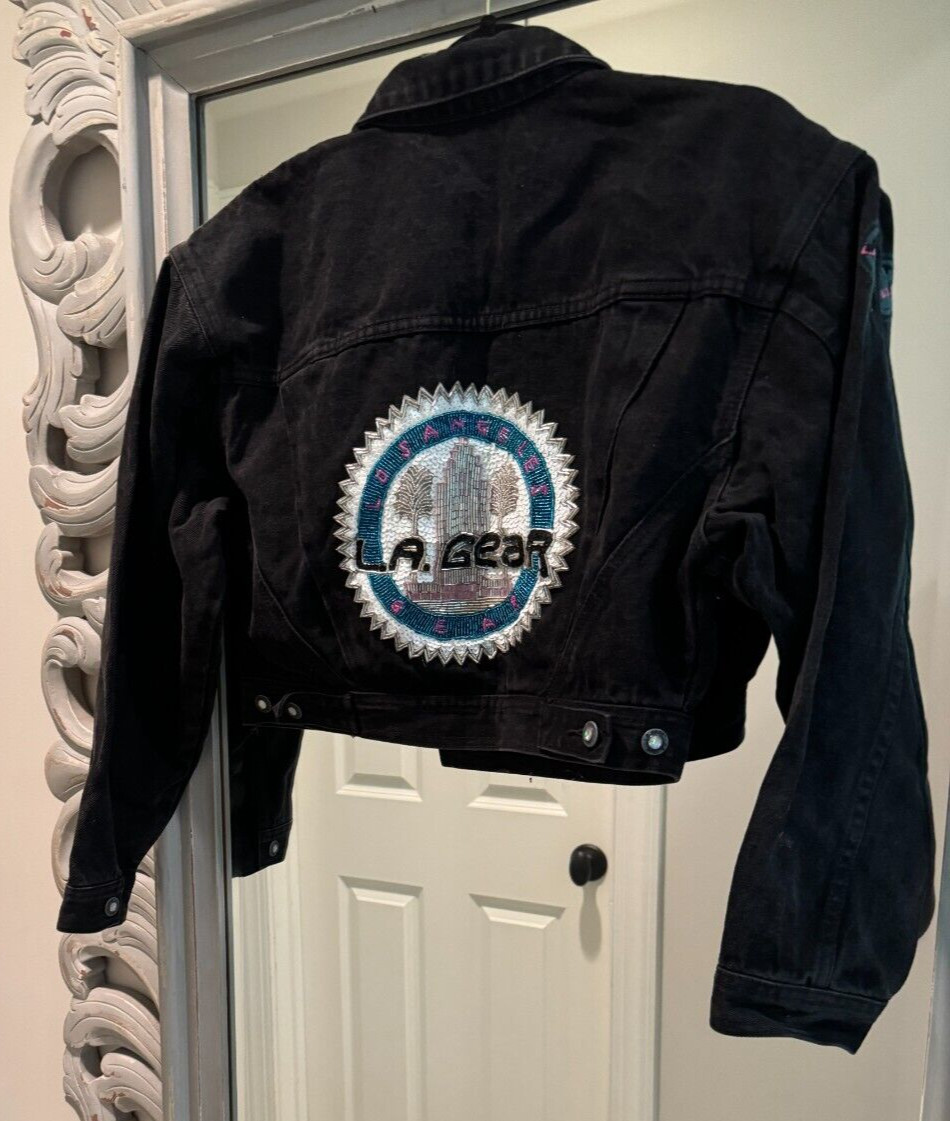 VIntage 1980’s LA Gear Denim Jacket with Beaded logo on the back, rhinestone …