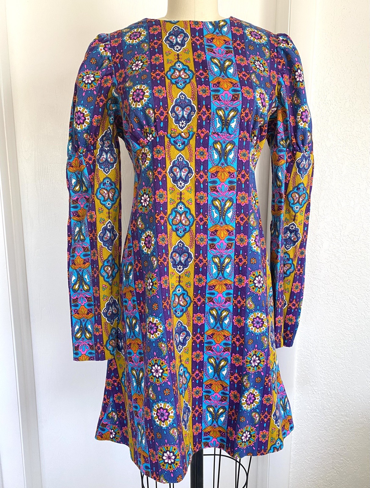 Vtg 60s 70s Psychedelic Rainbow Floral Mod Boho Gogo Hippie Dress – M Tie Back