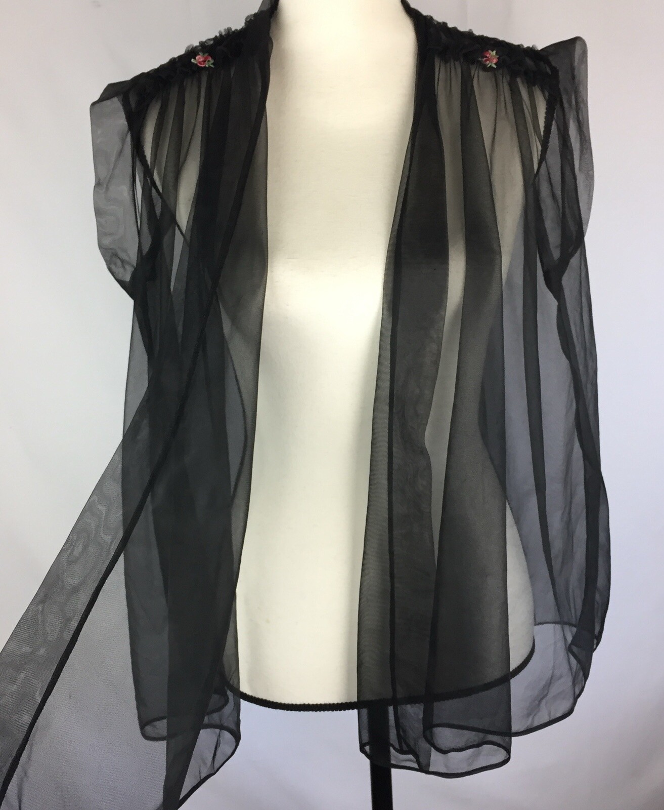 Vintage 60s Black Nylon Small Babydoll Short Robe Bed Jacket Open Front Sheer