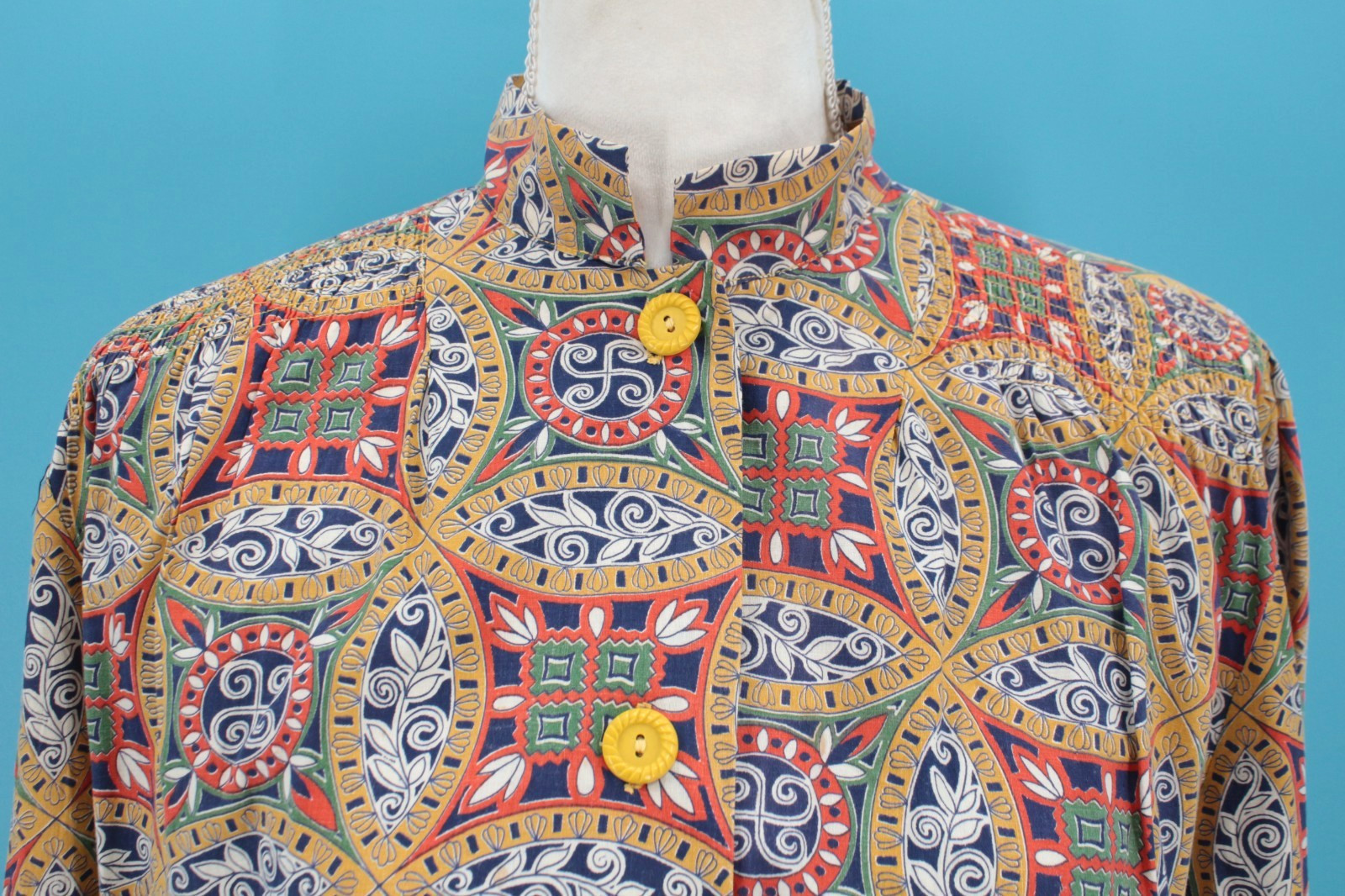 VTG Women’s 40s Colorful Abstract Print Button Front Smock / Shirt Sz M/L 1940s