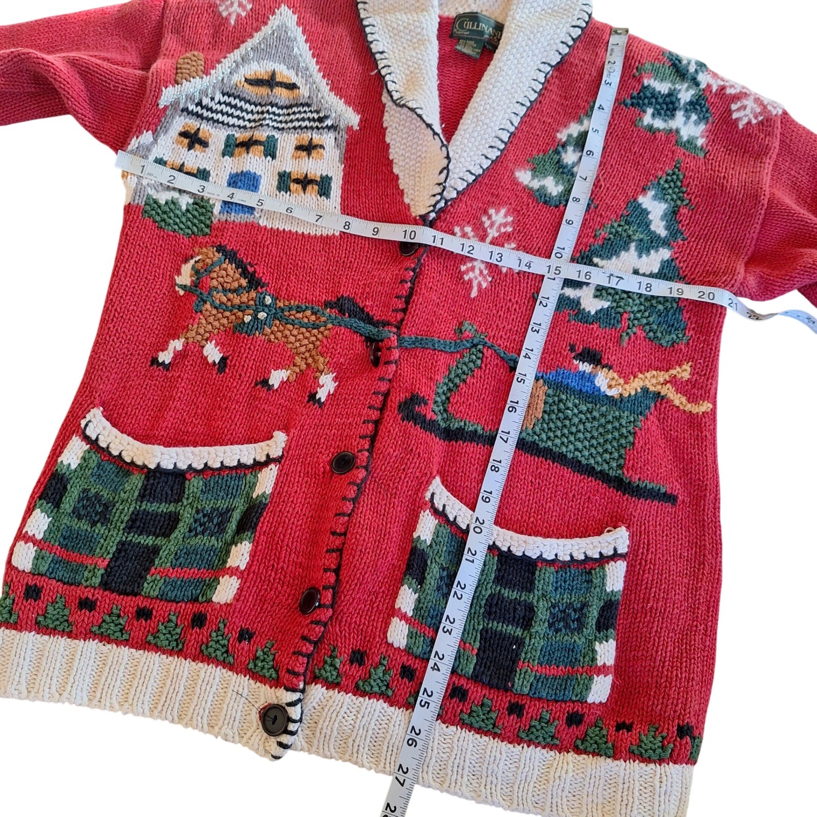 Cullinane Vintage Hand Knit Christmas Cardigan Shawl Collar 3D Whipstitch L