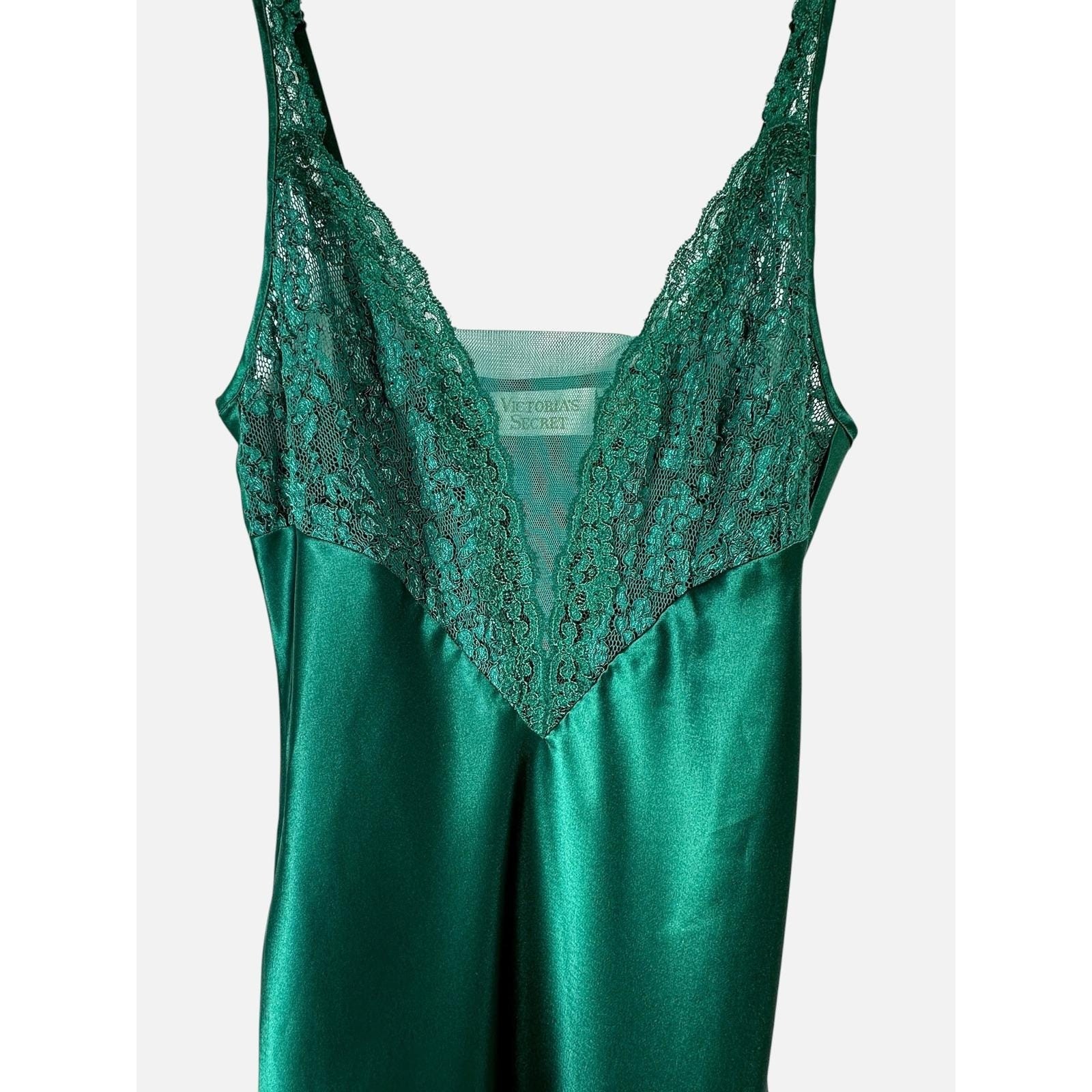 Vintage Victorias Secret Gold Label Emerald Green Satin Lace Slip Dress XS P