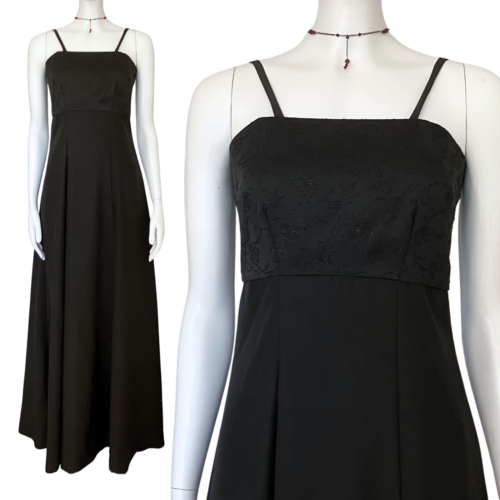 Vintage 90s Whimsigoth Black Empire Waist Prom Dress XXS Embroidered Goth Formal