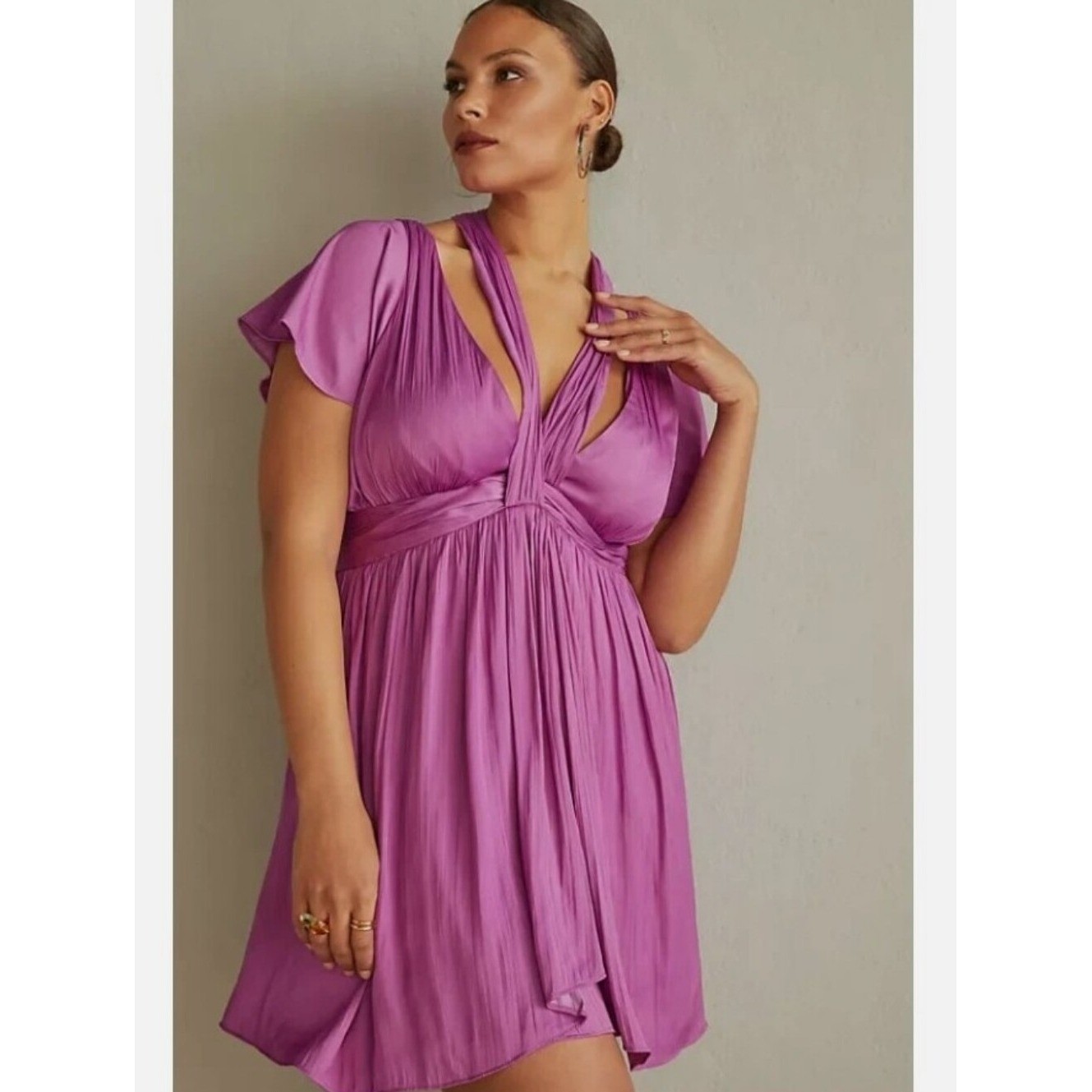 By Anthropologie Pleated V-Neck Vibrant Mini Dress Sz 8 Purple Date Night Flowy