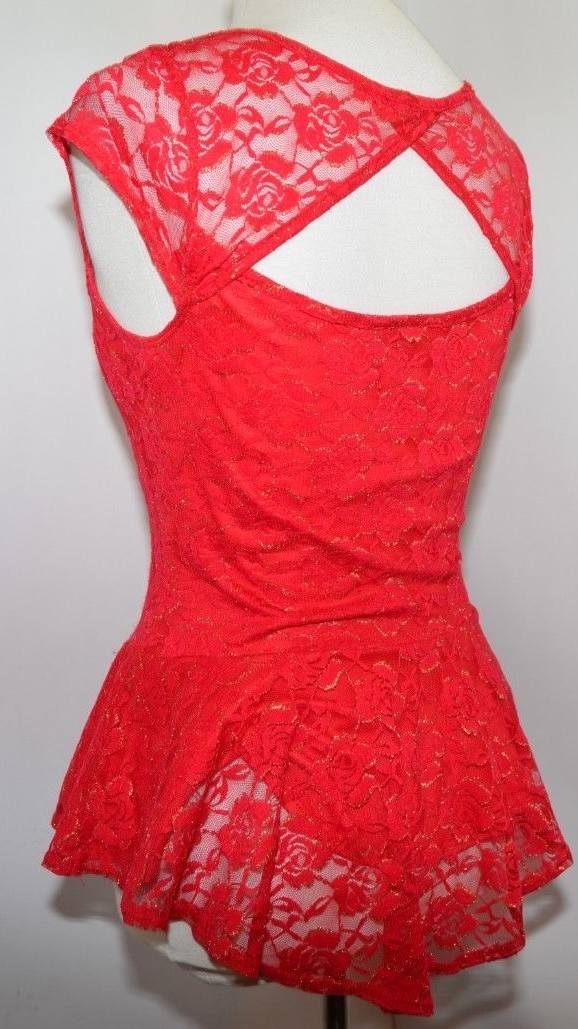 VTG IZ Byer Red Floral Glitter Lace Glitter Sheer Fitted Peplum Women S USA Made