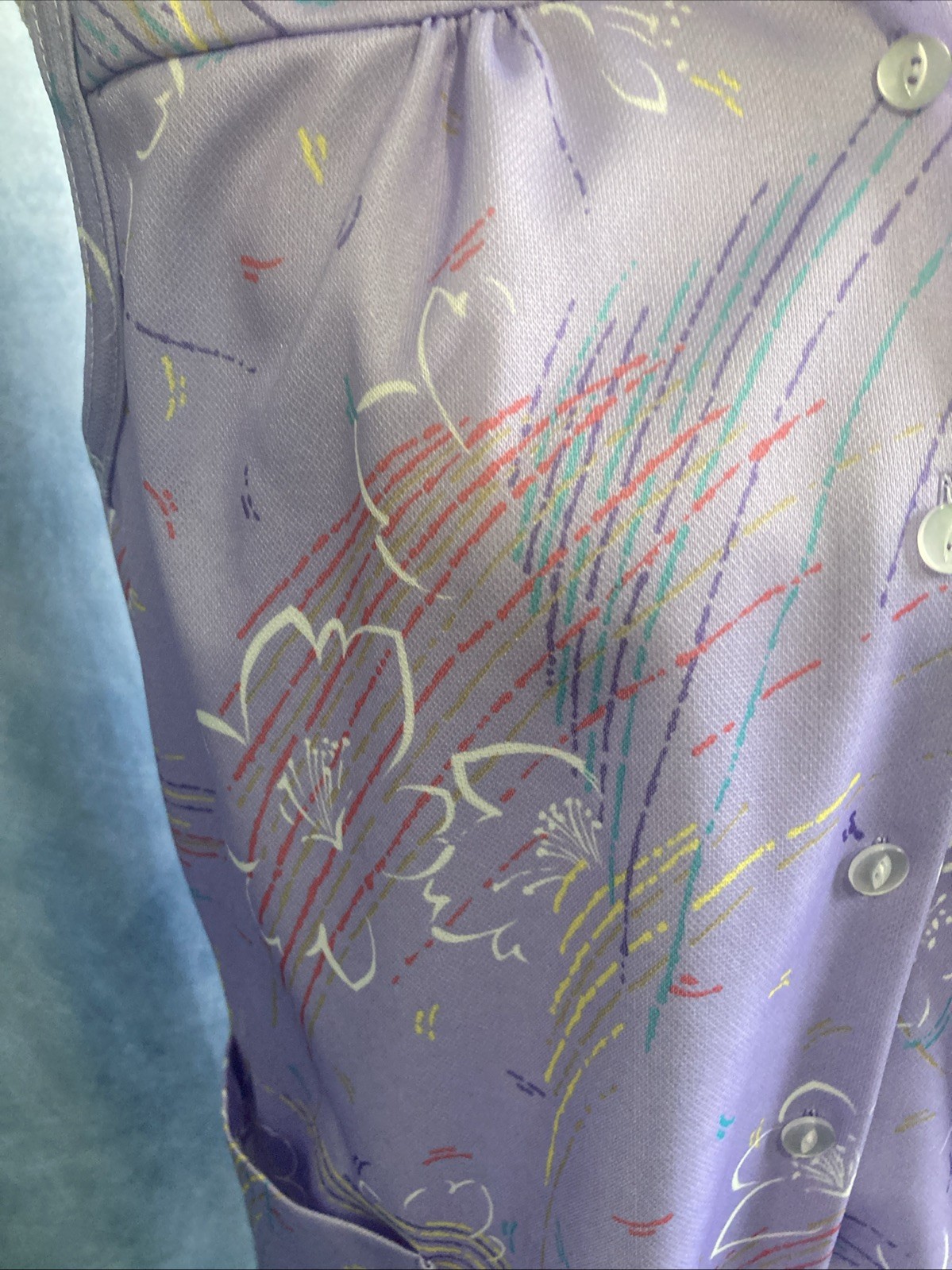 Vintage 70s Purple Abstract Floral Smock Blouse Sleeveless Polyester GUC Size L