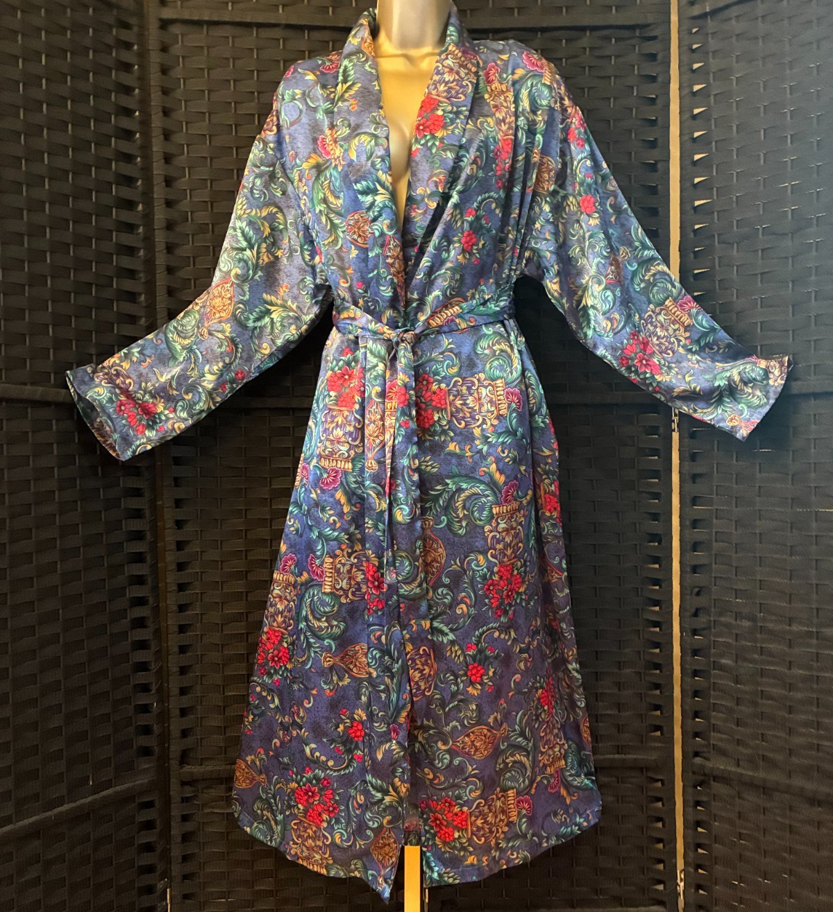 Vintage MARINE BLUE Long WRAP ROBE Medium VICTORIAN FLORAL Dressing Gown Kathryn