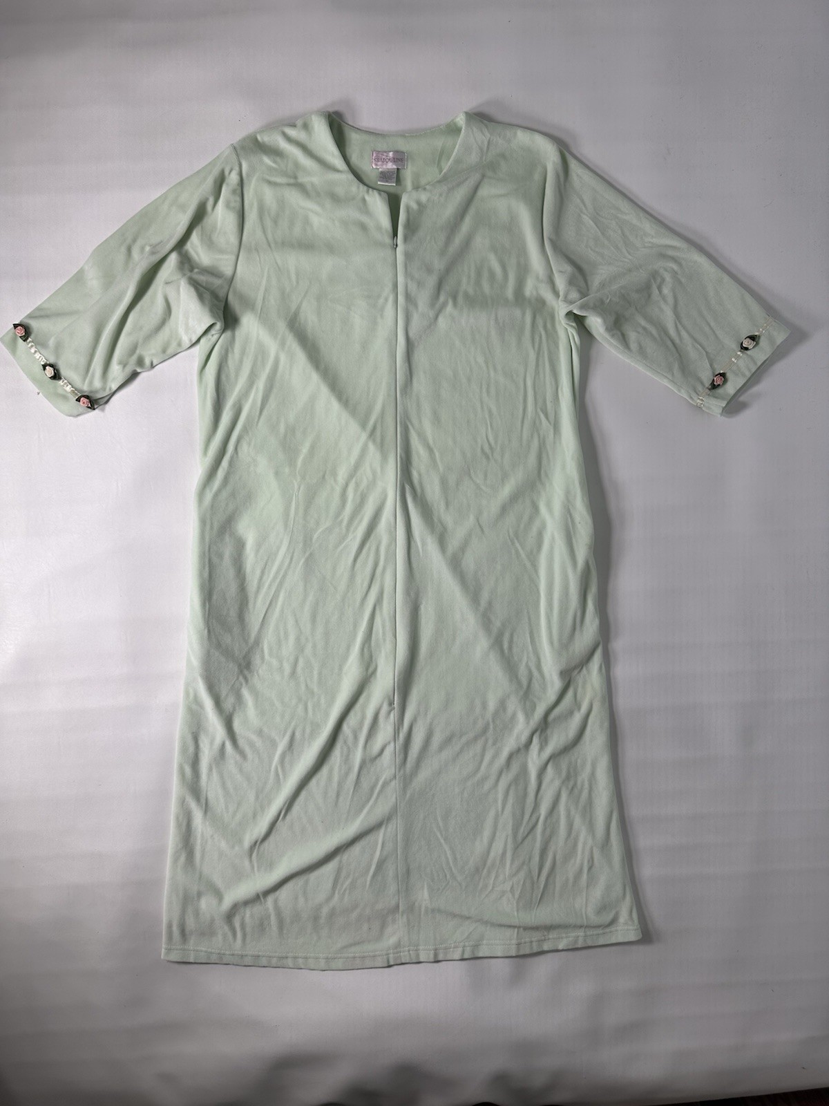 Vintage Shadowline Robe Velour Roses Mint Green Size M Zip-Up Housecoat