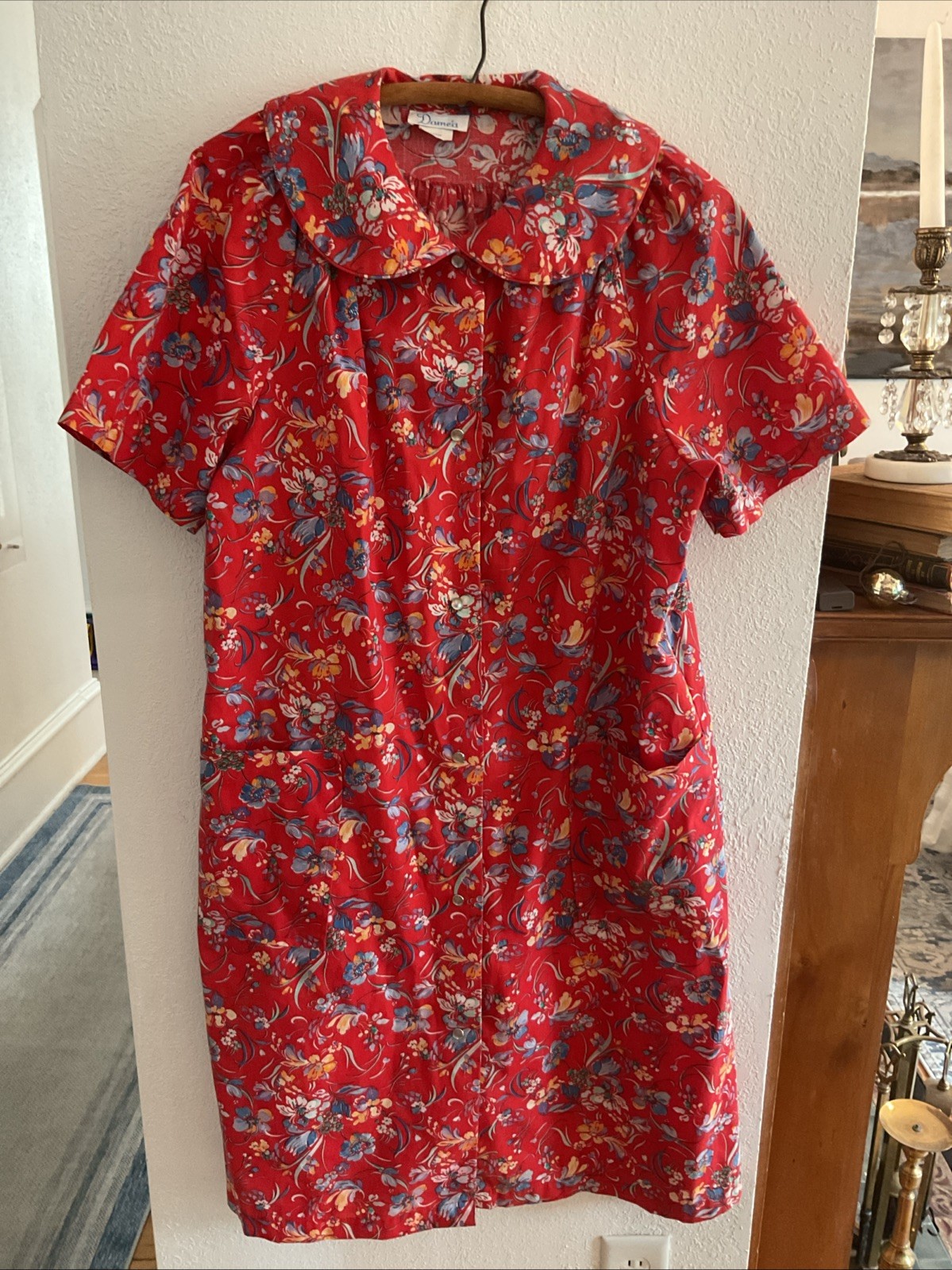 Damea Vintage Housecoat Womens Large Red All- Over Floral Print Grandmacore