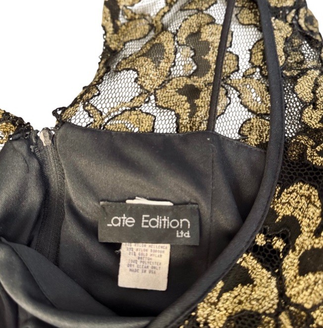 Vintage 80’s Late Edition Black Sheer Gold Floral Tier Ruffle Mini Dress Size 8