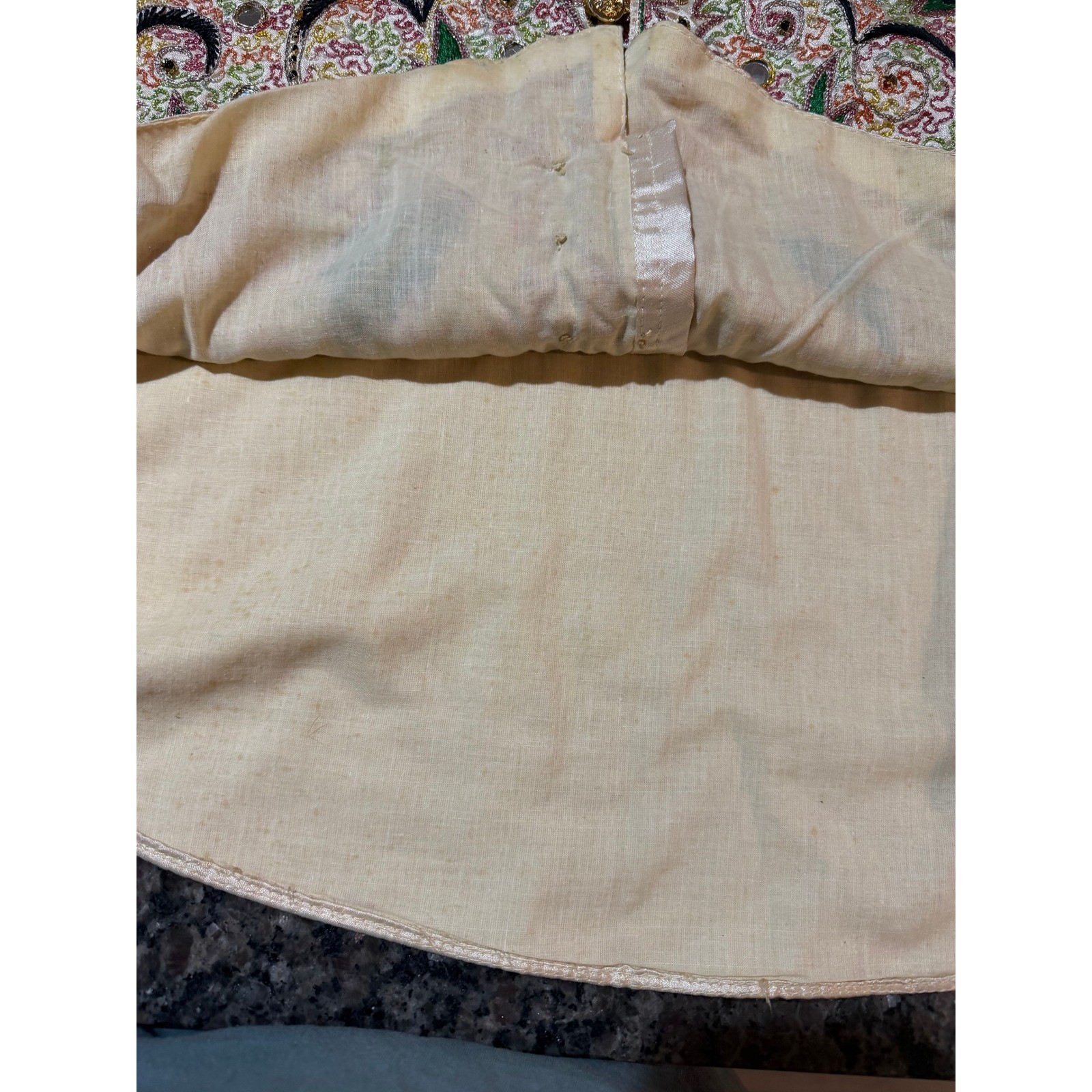 Vintage Embroidered Mirror Work Satin Blouse Champagne Gold Crest Button Top