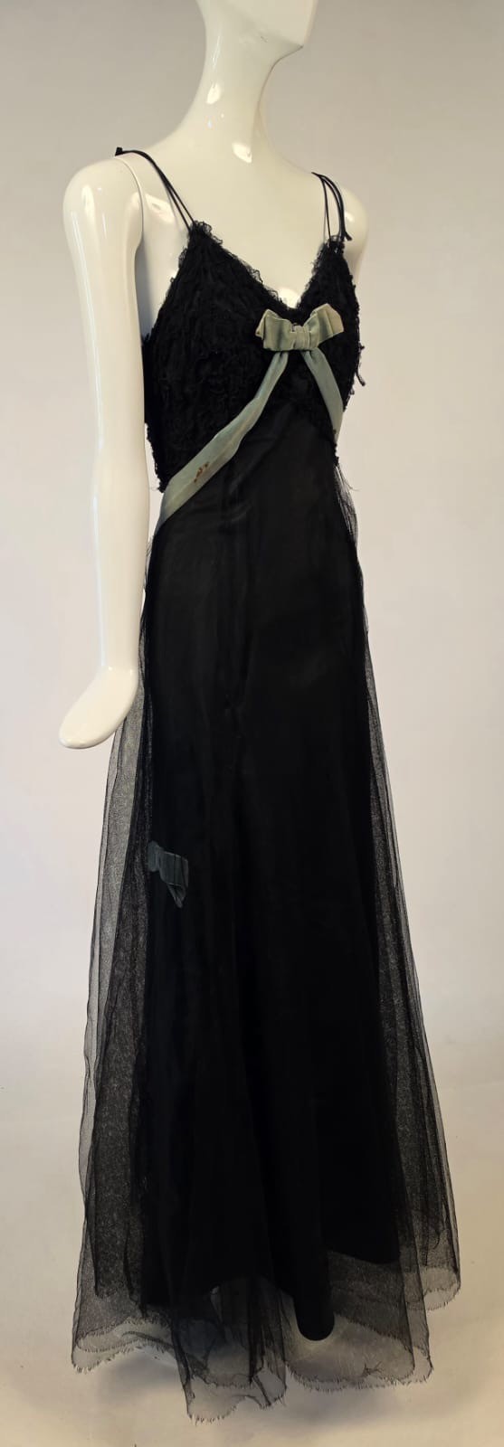 ANTIQUE 1930’S BLACK NET + RUFFLE LONG DRESS W TAFFETA LINING + VELVET TRIM