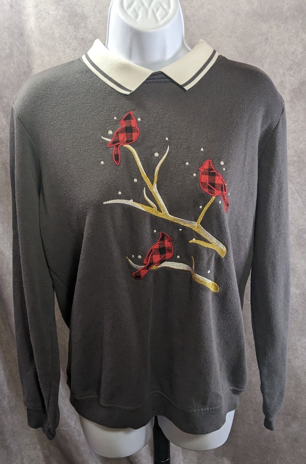 Adrian Delafield Vintage Embroidered Cardinal Sweatshirt With Collared Neck Gray