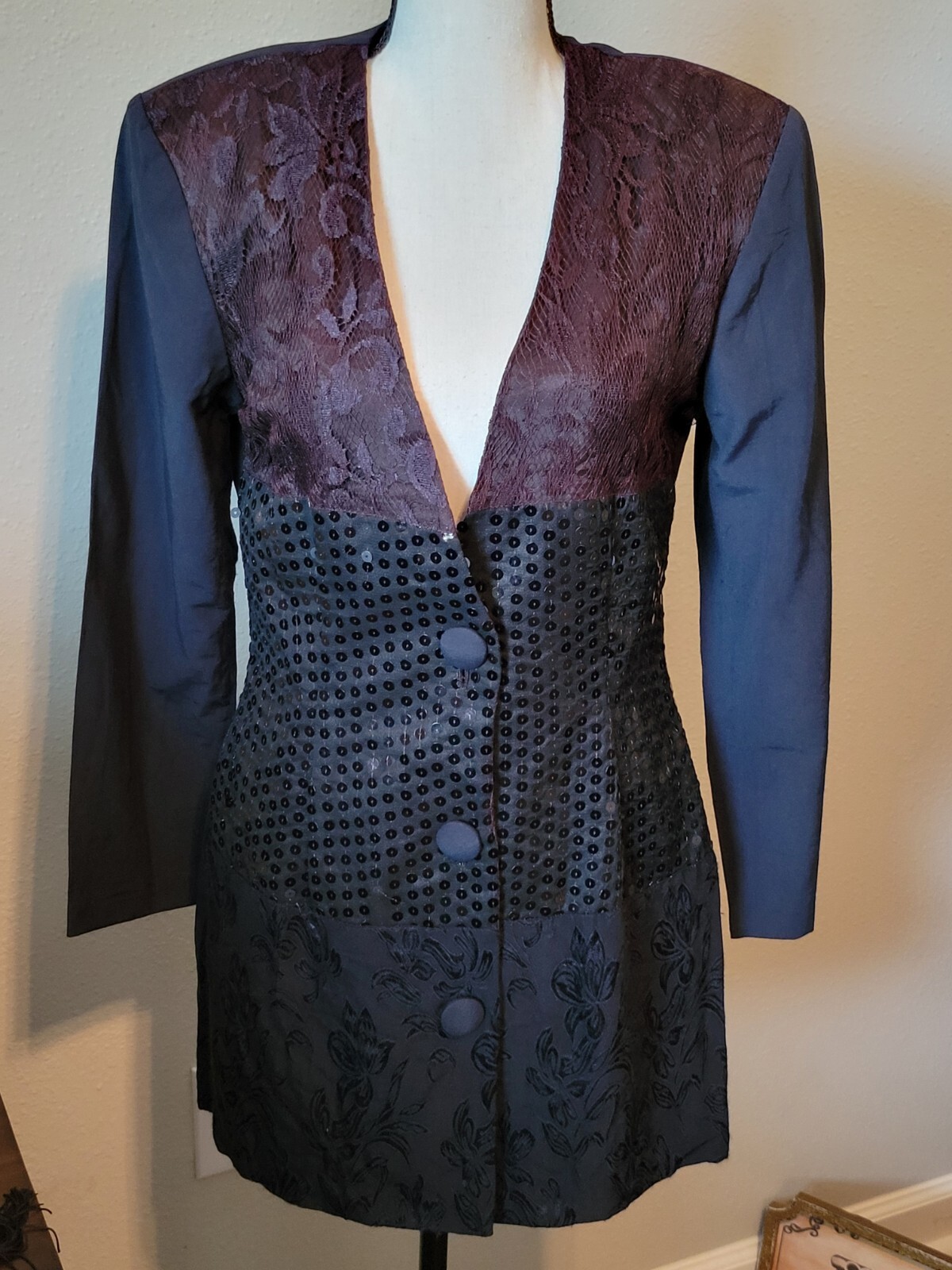 80s/90s Vintage Jacket Black Lace & Sequin Buttonup, By TARAZZIA, Size 5 Small