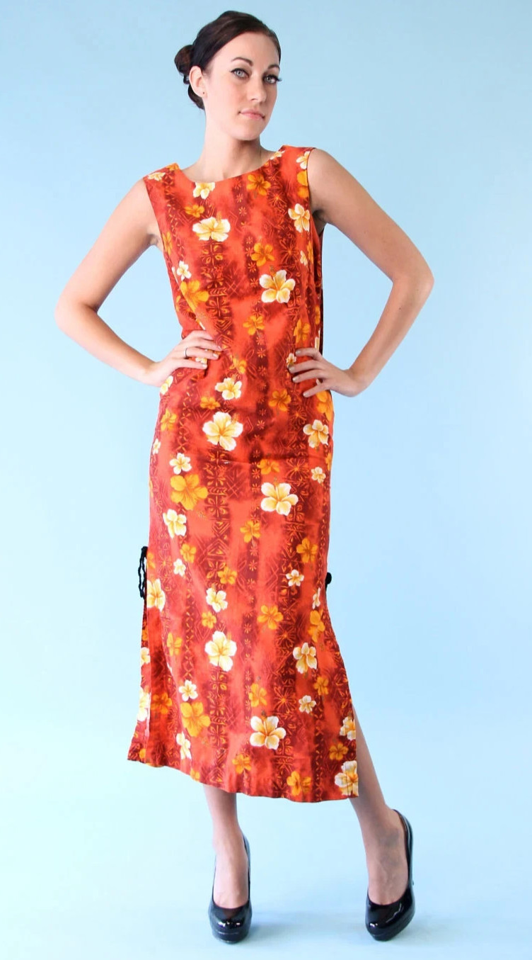 VTG 60s Hawaiian Dress Sleeveless Tank Ankle Length Floral Red Orange Small S