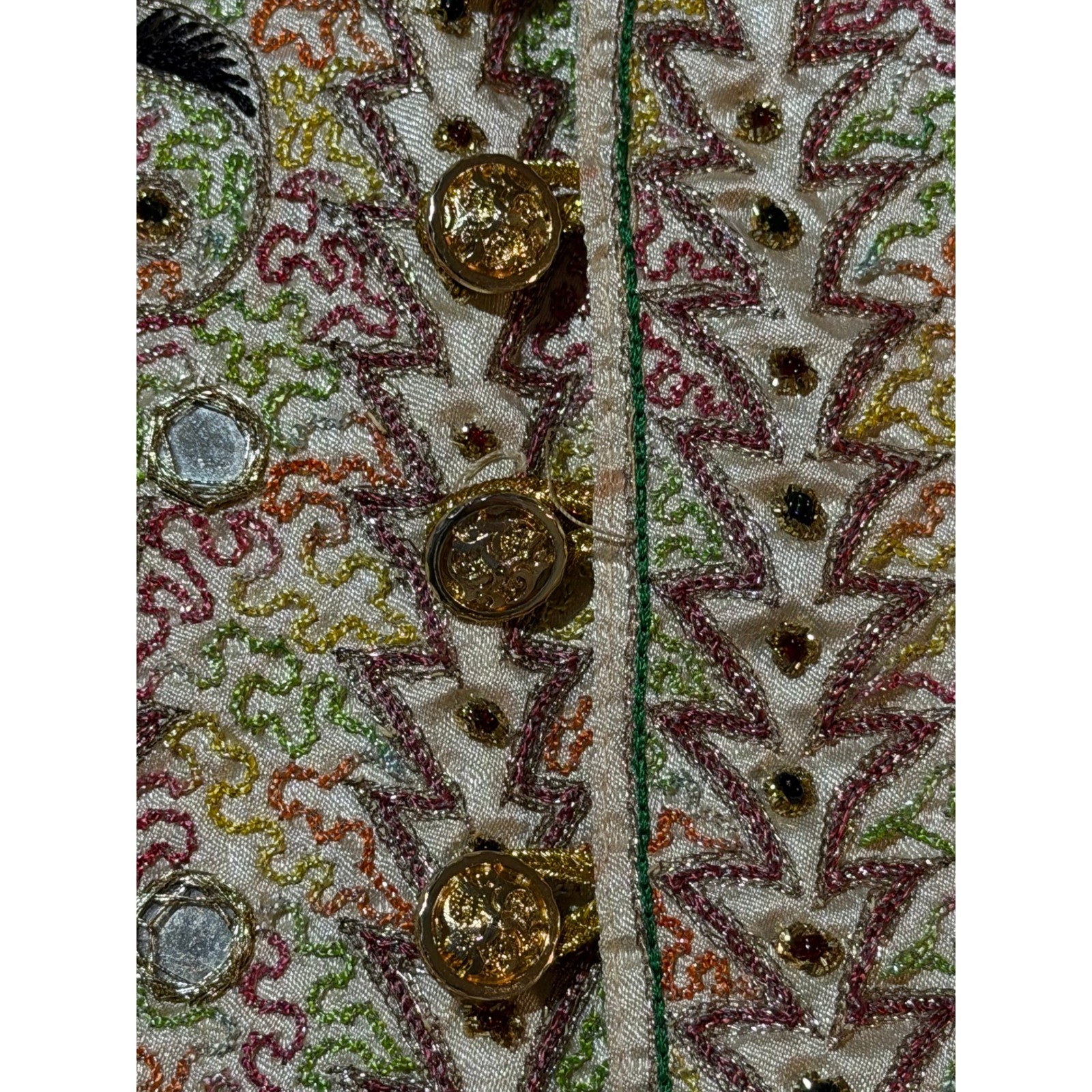 Vintage Embroidered Mirror Work Satin Blouse Champagne Gold Crest Button Top