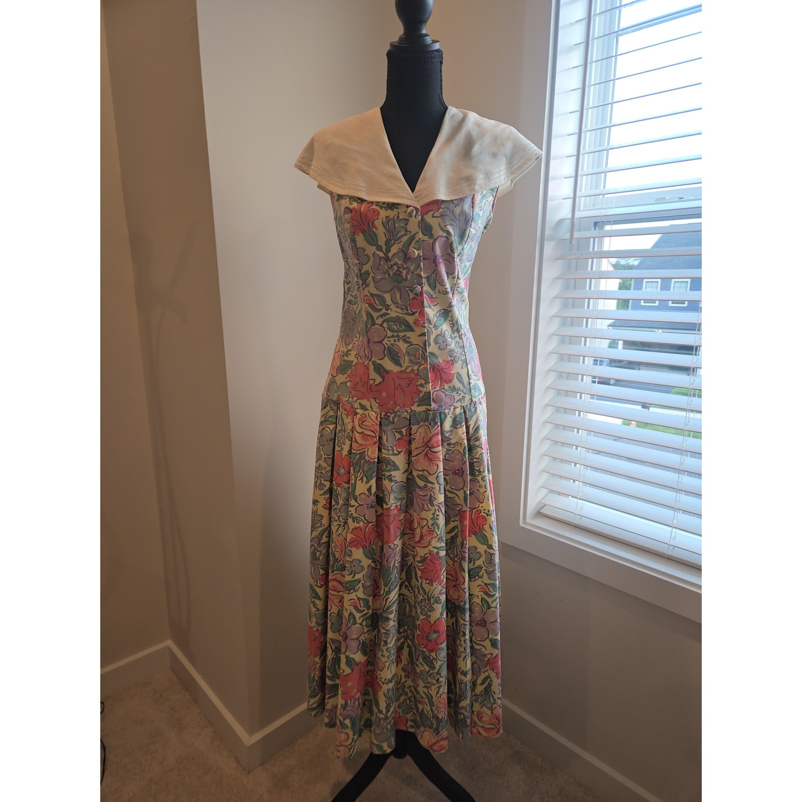 Laura Ashley Sailor Collar Dress Praire Womens 8 Multicolor Vintage Floral (D4)