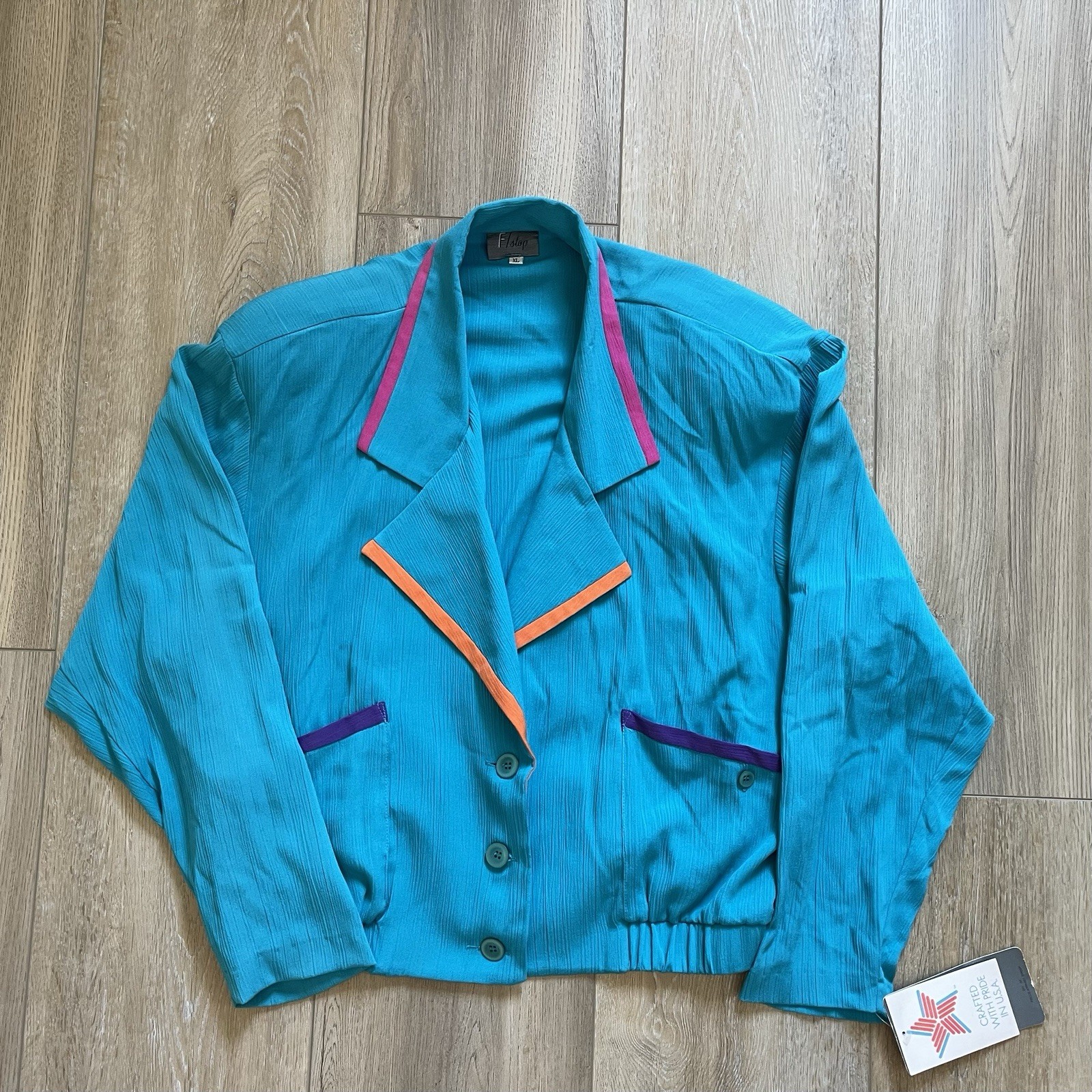 Vintage 1980s/1990s Color Block Teal Women’s Blouse Blazer NEW MADE IN USA