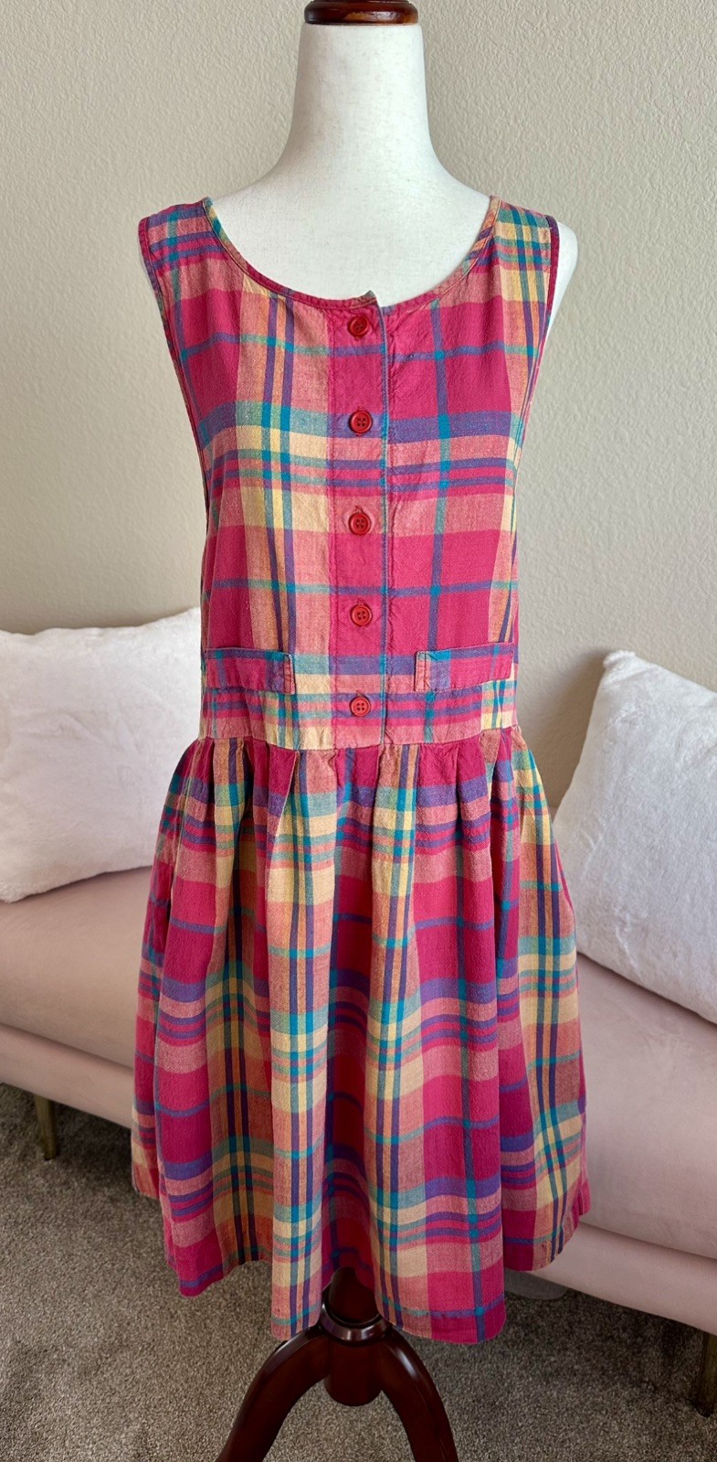 Vintage 80s Midi Dress Plaid Cotton Womens S Drop Waist Button Back Cottagecore