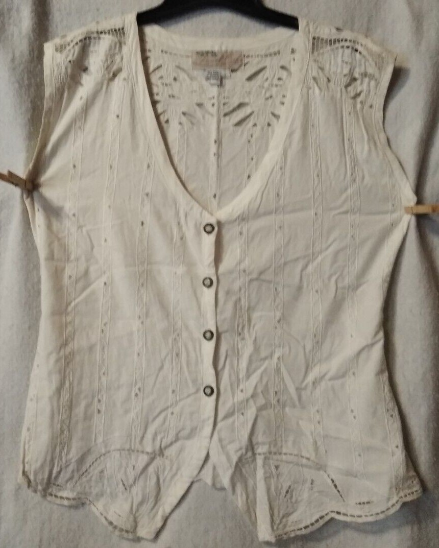 Vtg Laurel Oaks Women’s S White Button Up Top Embroidery Cut Work Sleeveless NOS