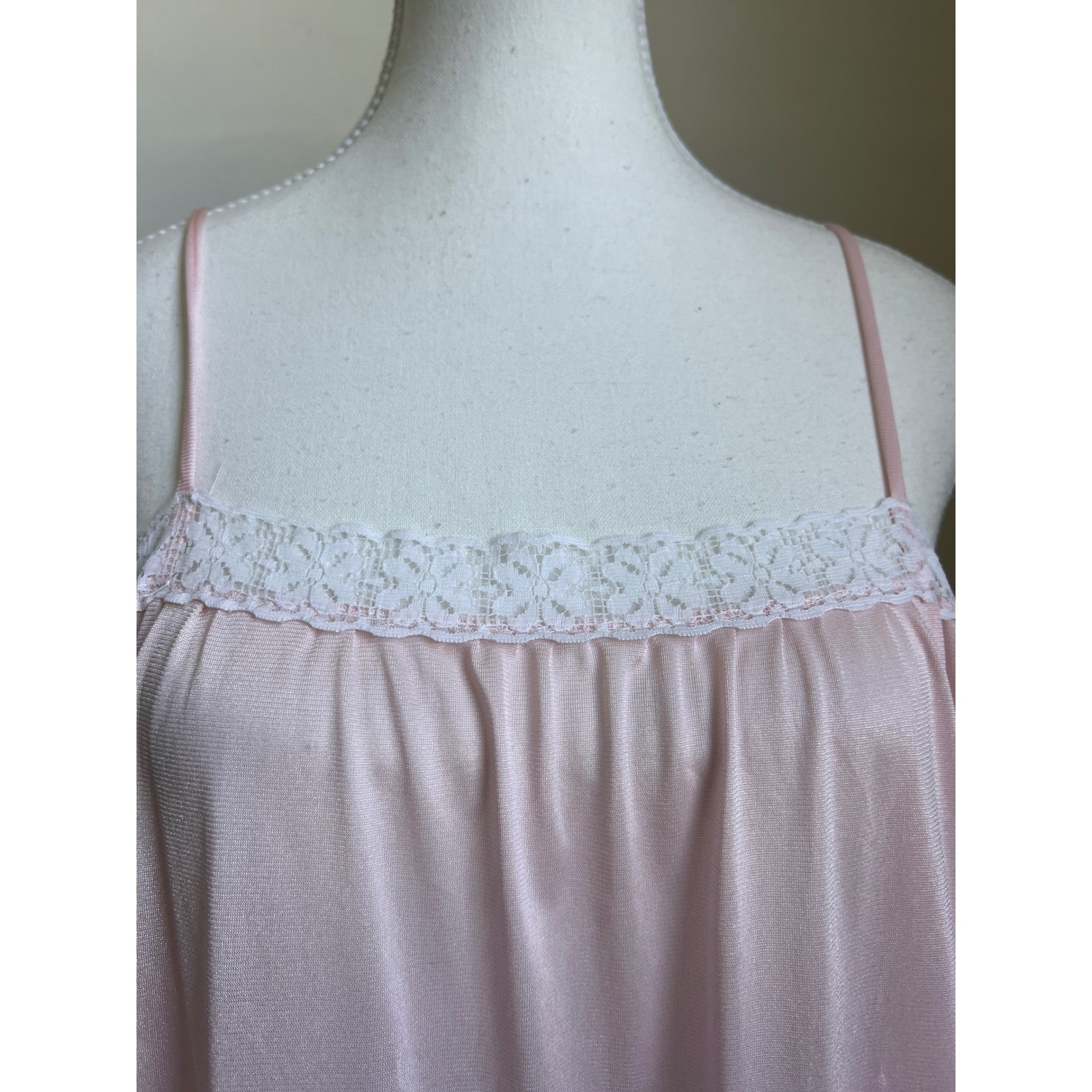 Vintage Nightgown Baby Pink Lace Trim Nylon Maxi Slip Dress 80s Romance Softgirl