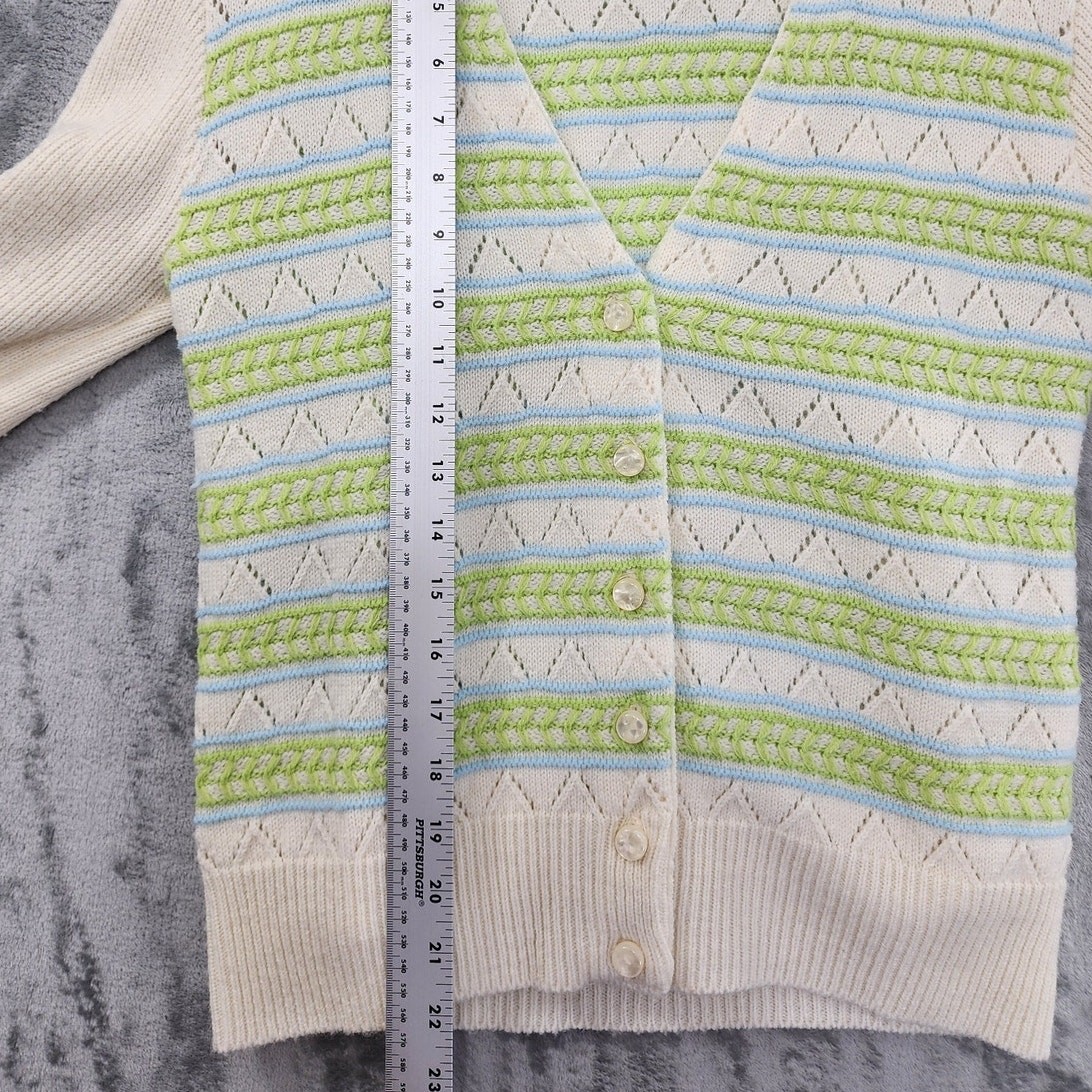 Vintage Sweater Womens XS Cream Green Blue Striped Pointelle Cardigan Twin Set